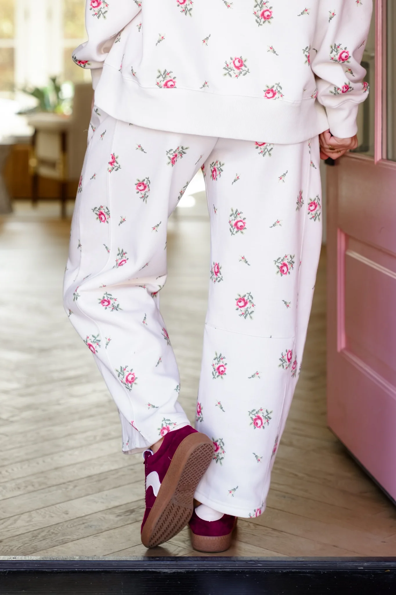 Floral Print Fleece Elastic Waist Sweatpants - Image 5