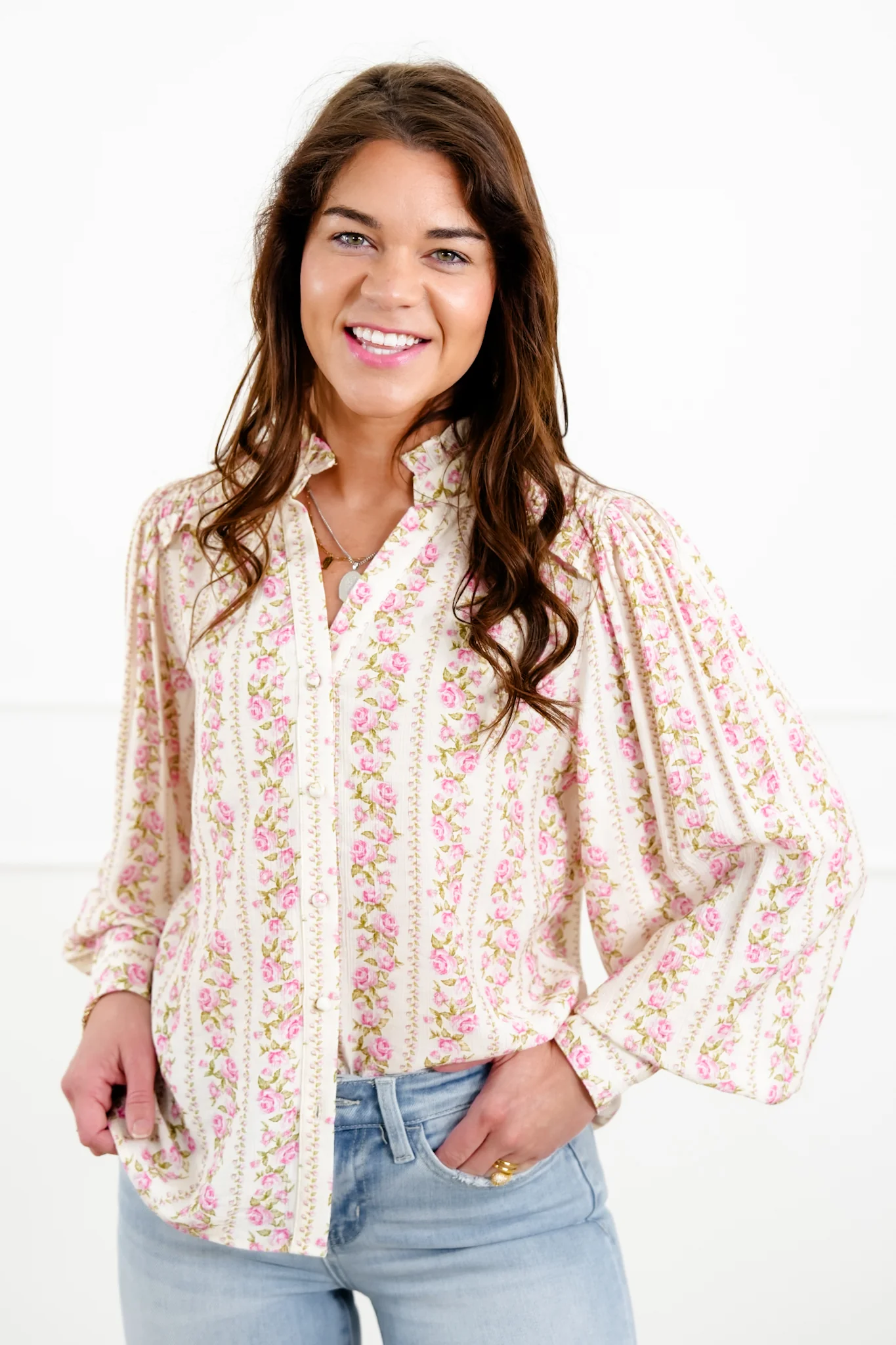 Floral Print Long Sleeve Button Down Blouse - Image 5