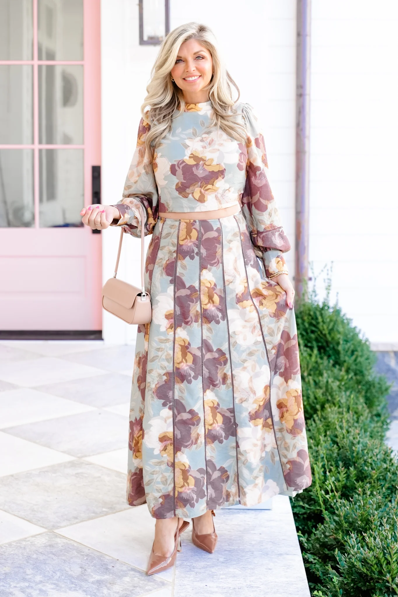 Floral Print Long Sleeve Cropped Blouse - Image 2