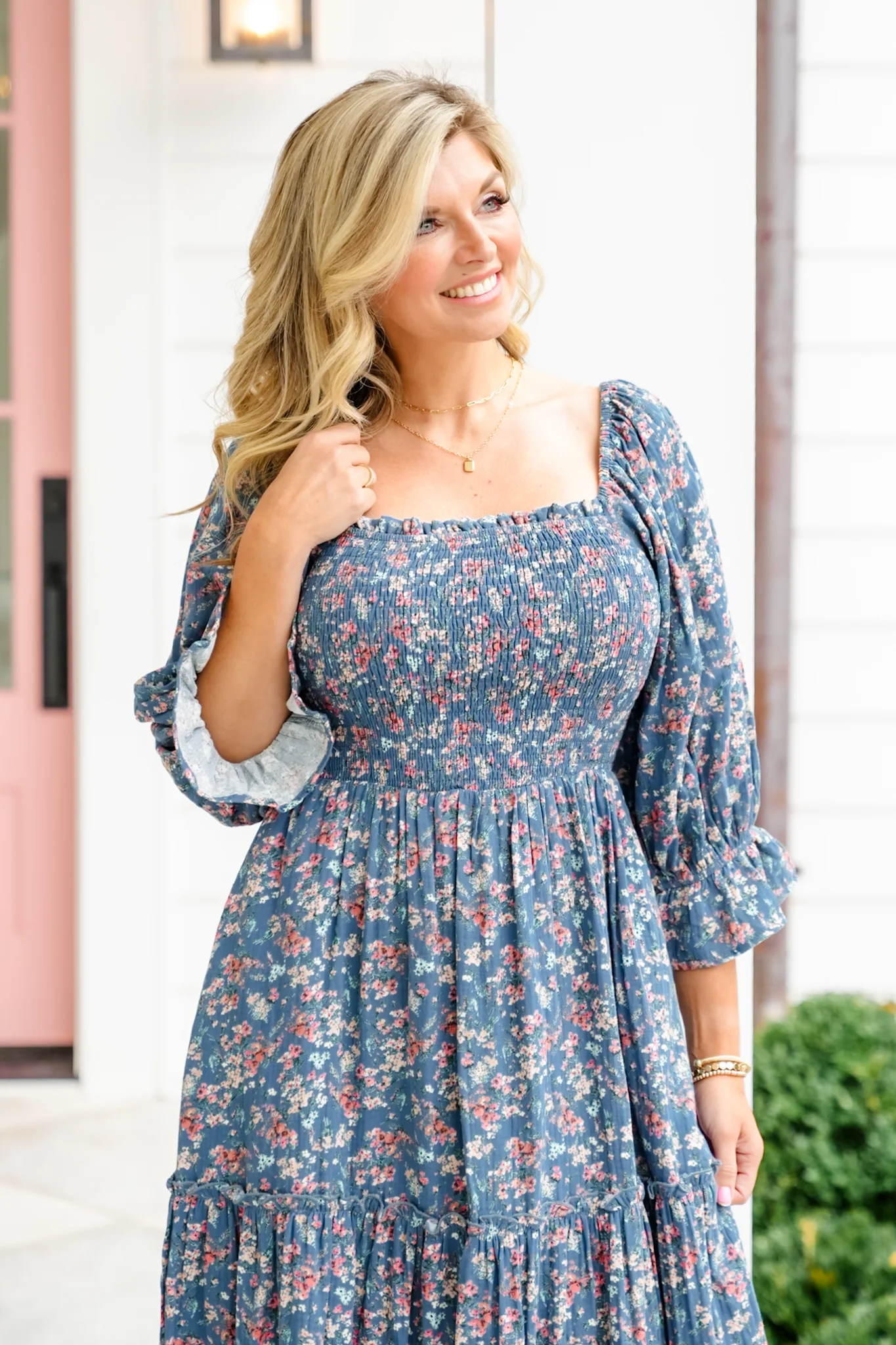 Floral Print Puff Sleeve Square Neck Tiered Midi Dress - Image 2