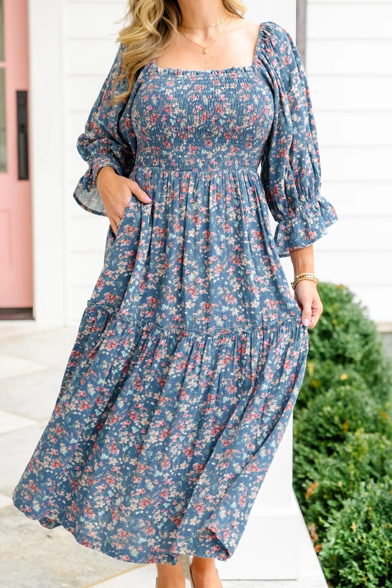 Floral Print Puff Sleeve Square Neck Tiered Midi Dress - Image 3