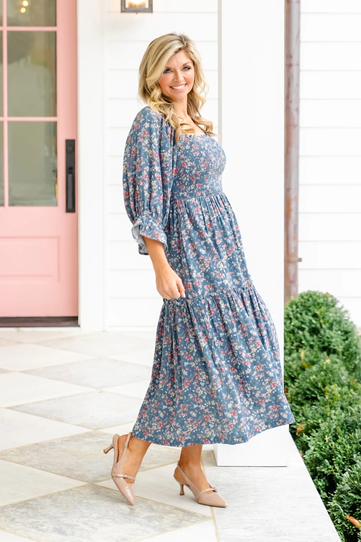 Floral Print Puff Sleeve Square Neck Tiered Midi Dress - Image 4