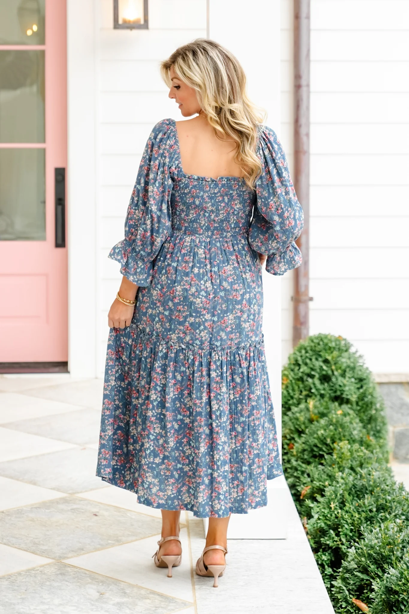 Floral Print Puff Sleeve Square Neck Tiered Midi Dress - Image 5