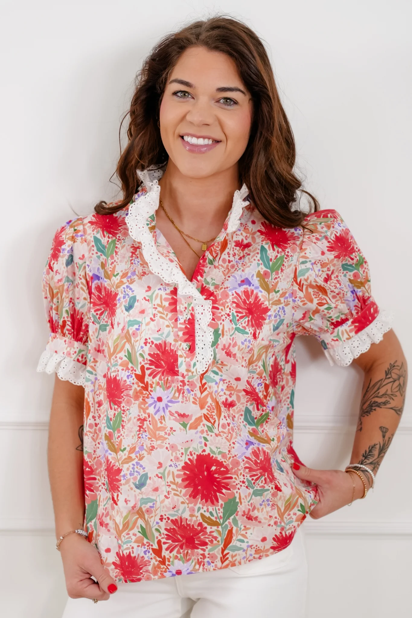 Floral Print Short Sleeve Half Button Up Top - Image 2