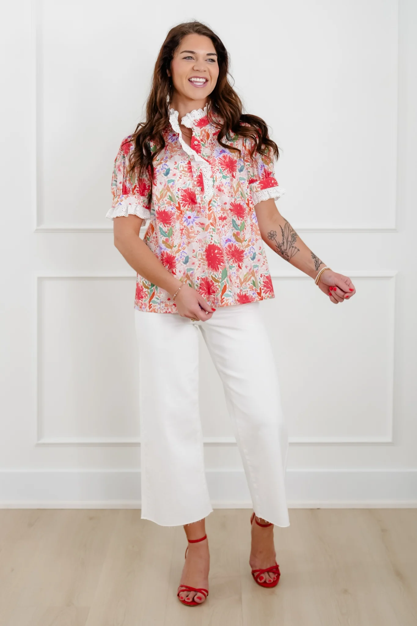 Floral Print Short Sleeve Half Button Up Top - Image 5