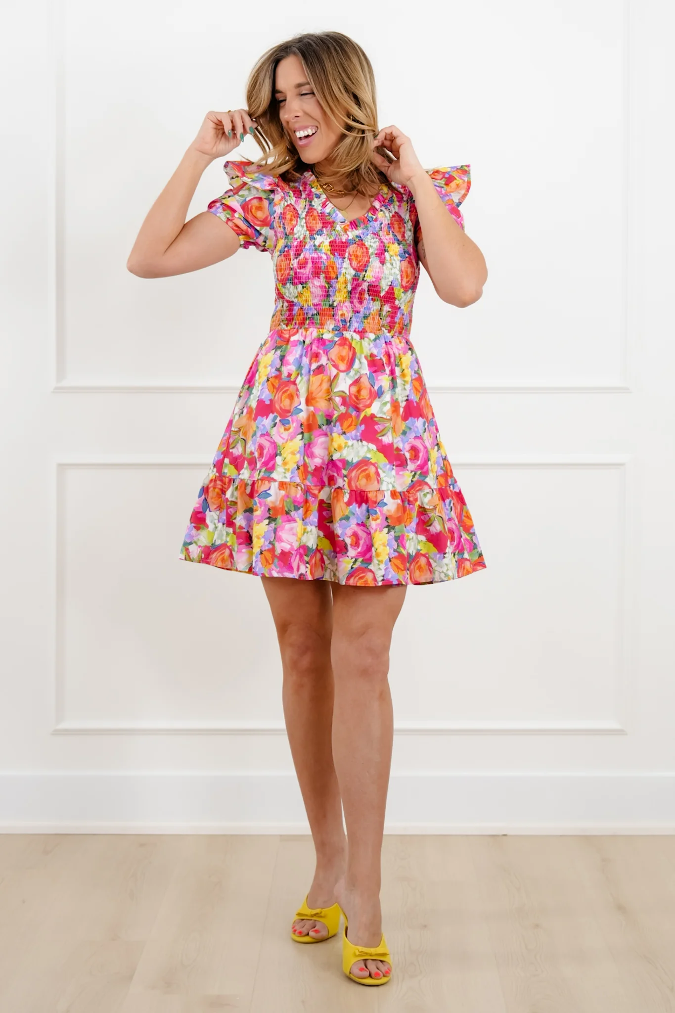 Floral Print Short Sleeve Mini Dress with Smocked Bodice - Image 2