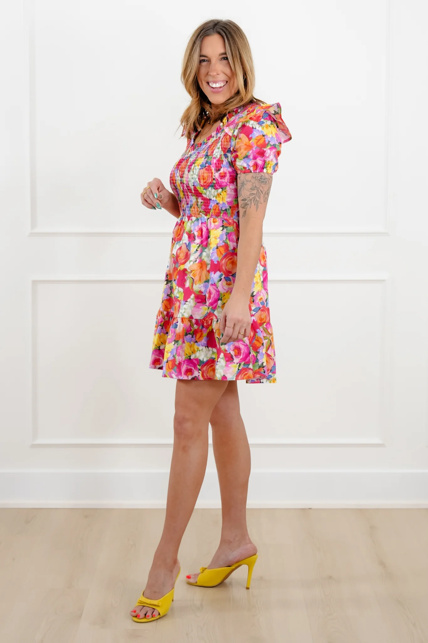 Floral Print Short Sleeve Mini Dress with Smocked Bodice - Image 3