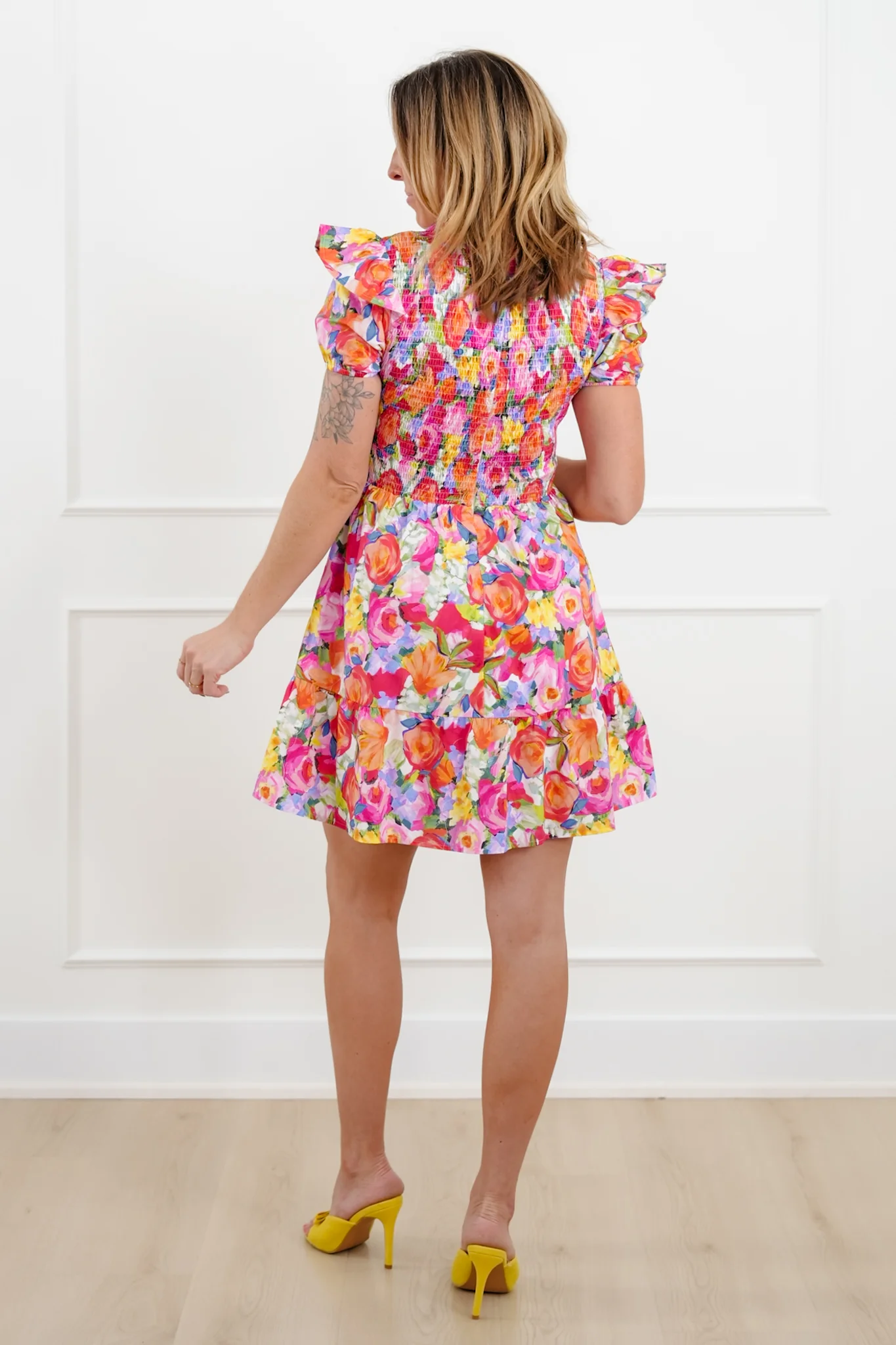 Floral Print Short Sleeve Mini Dress with Smocked Bodice - Image 4