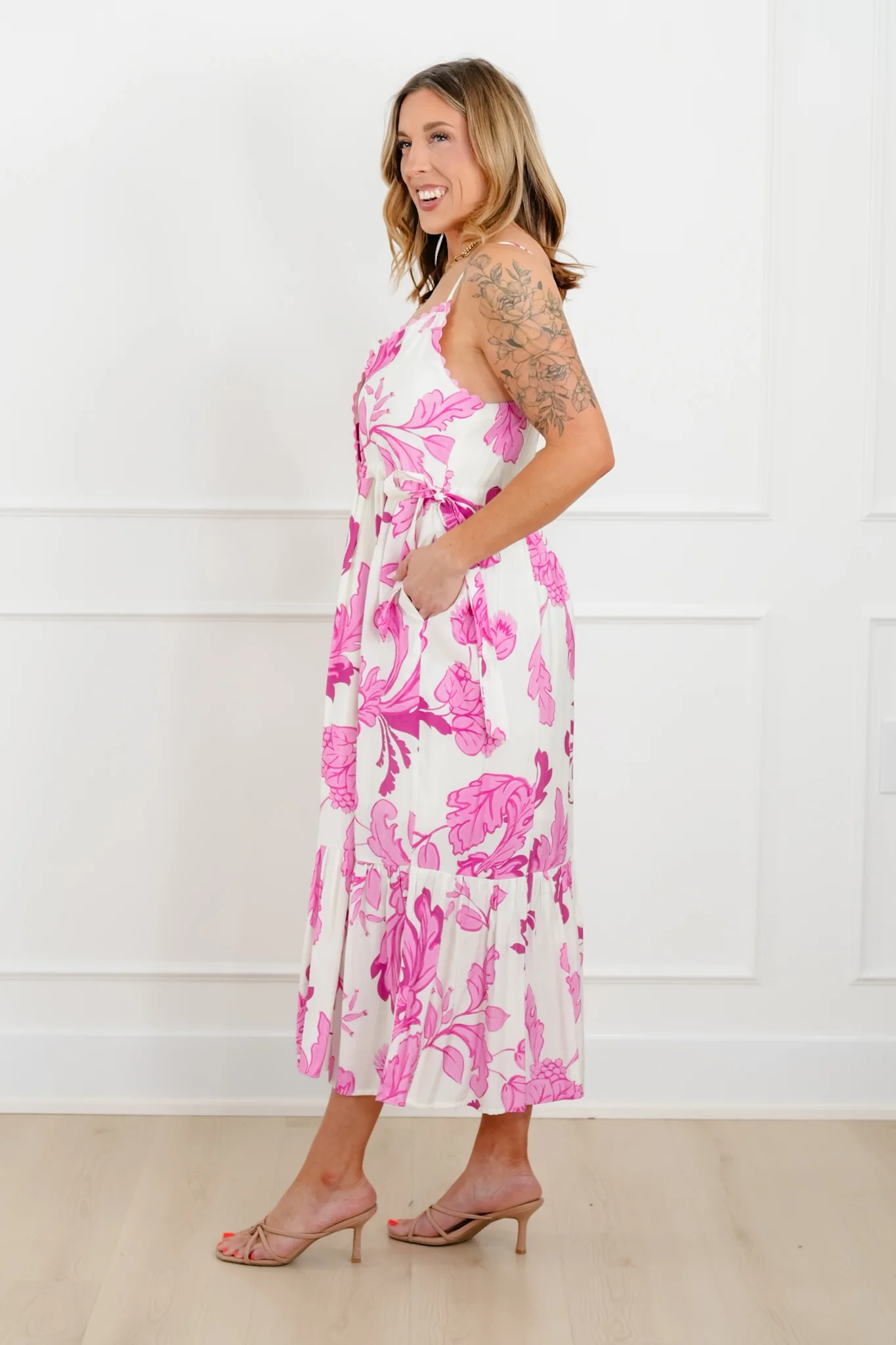 Floral Print Sleeveless Button Down Midi Dress - Image 3