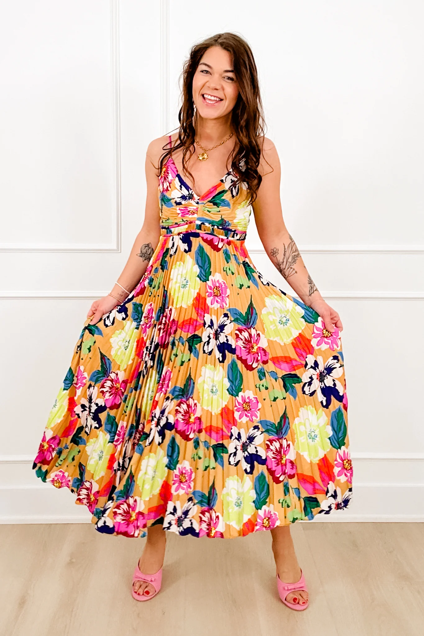 Floral Print Sleeveless Pleated Midi Dress - Image 3