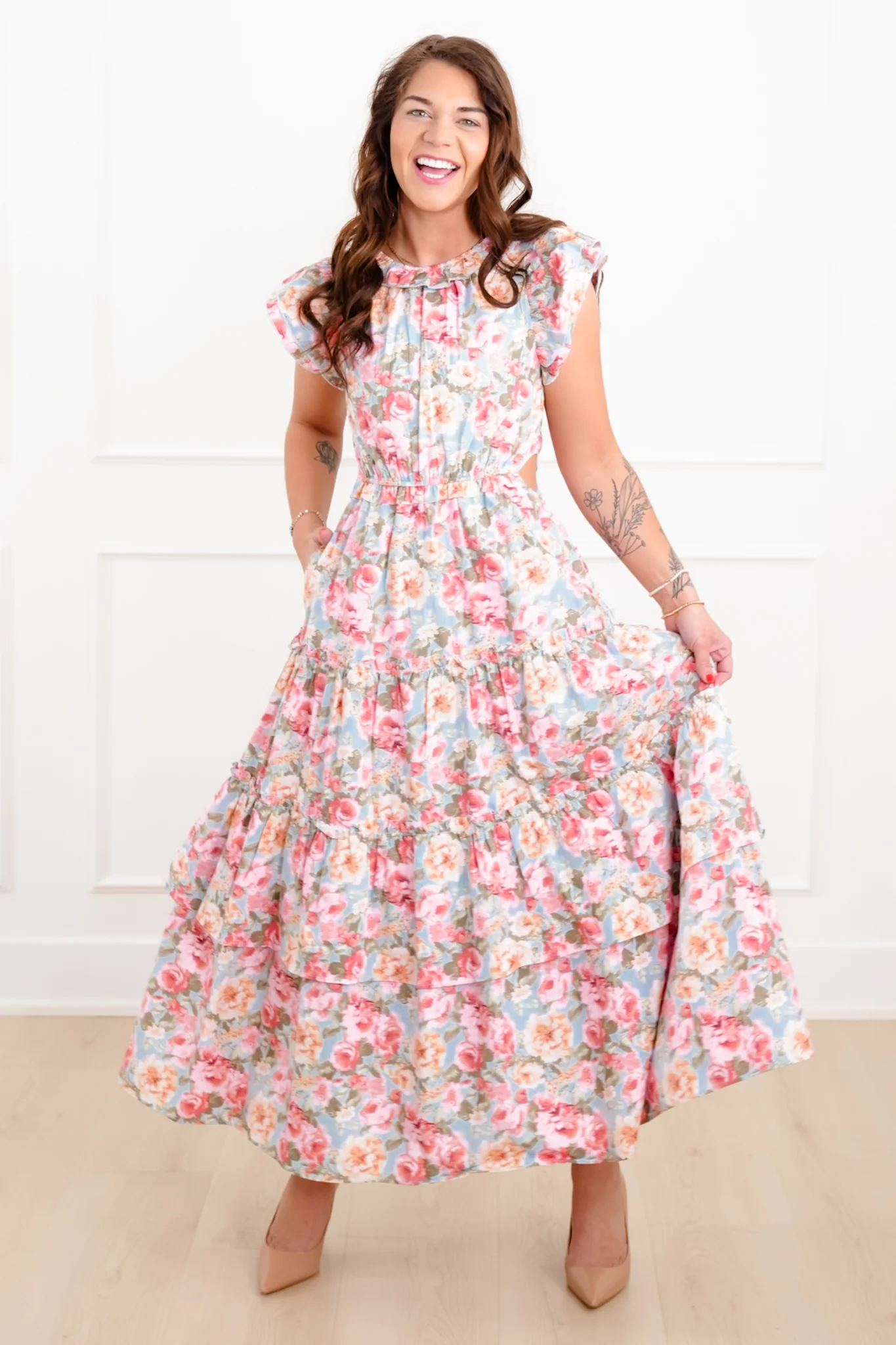 Floral Print Tiered Maxi Dress with Side Cut Out Detail - Image 3