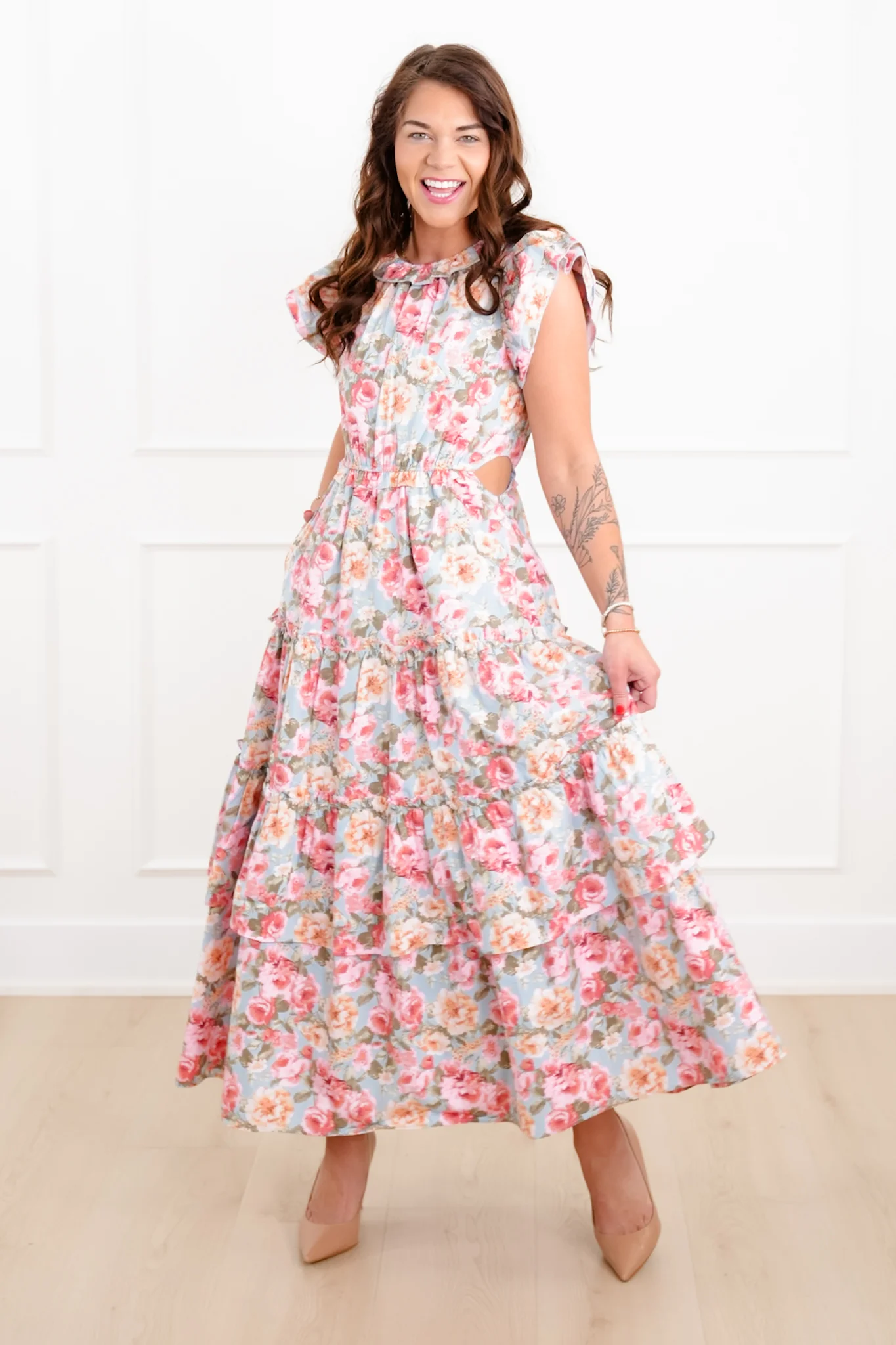 Floral Print Tiered Maxi Dress with Side Cut Out Detail - Image 6