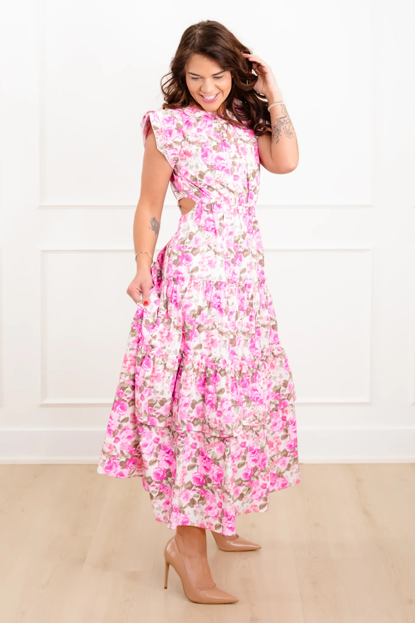 Floral Print Tiered Maxi Dress with Side Cut Out Detail - Image 9