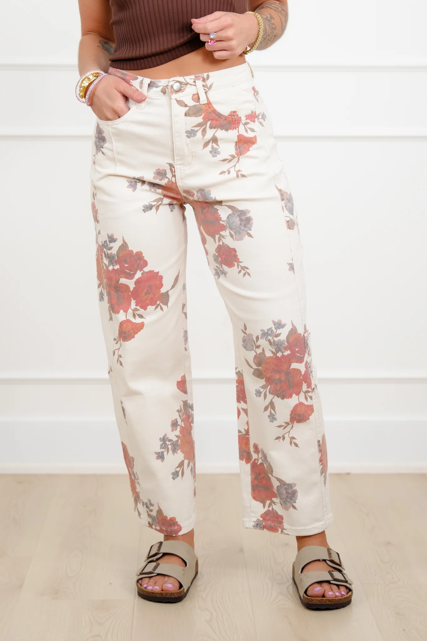 Floral Print Twill High Rise Barrel Pants - Image 2