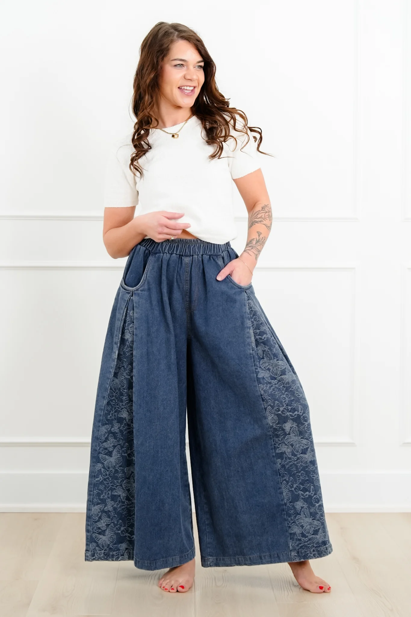 Denim Floral Print Elastic Waist Wide Leg Pants - Image 2