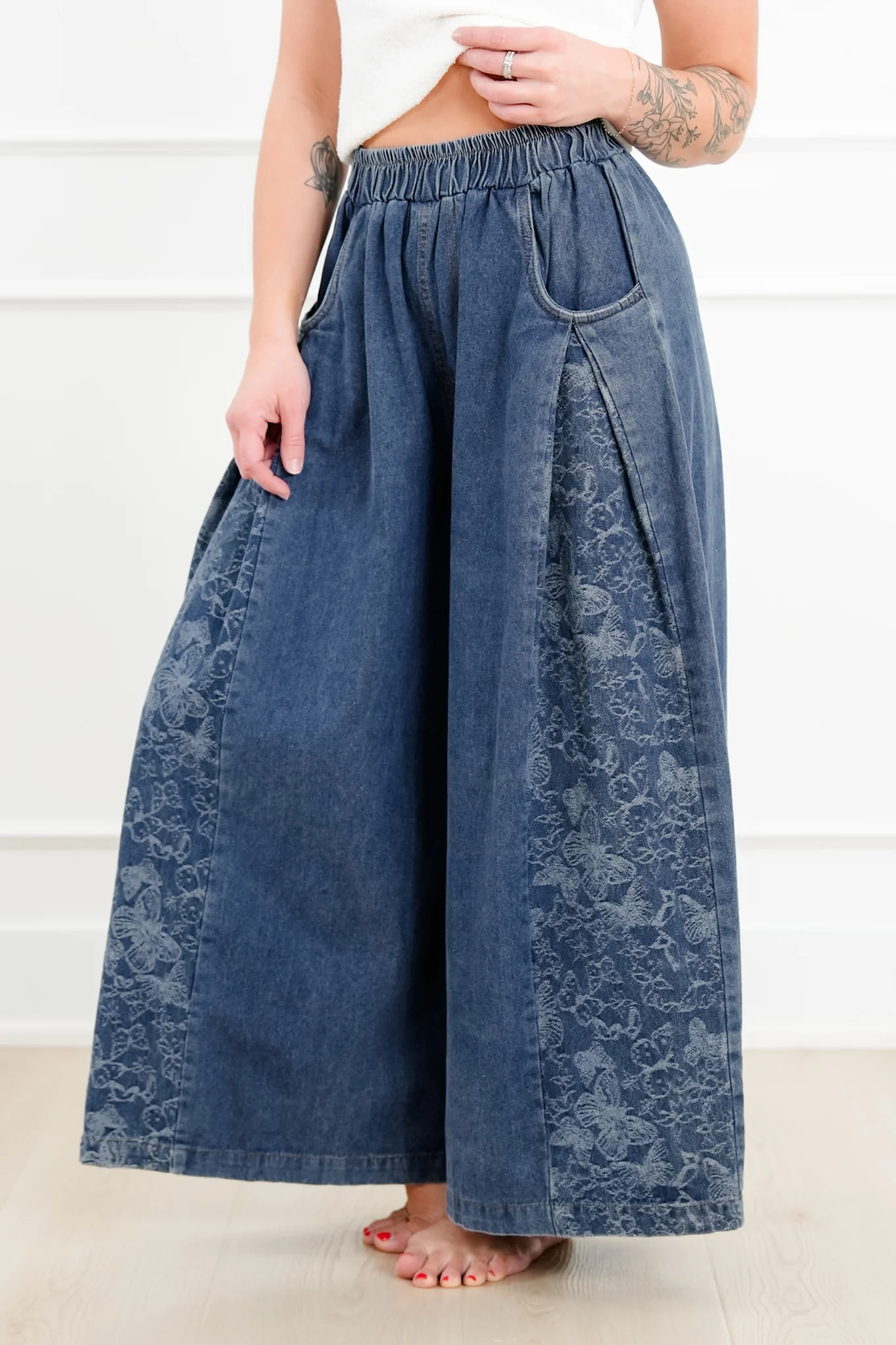 Denim Floral Print Elastic Waist Wide Leg Pants - Image 3