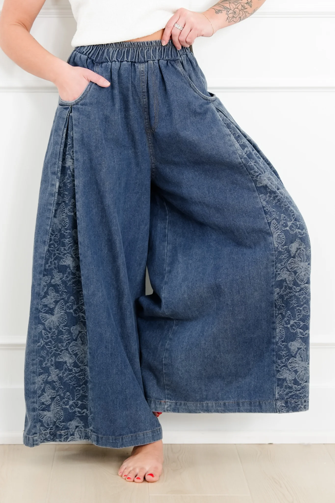 Denim Floral Print Elastic Waist Wide Leg Pants - Image 4