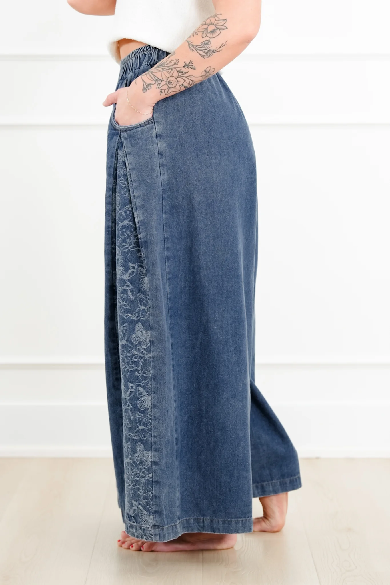 Denim Floral Print Elastic Waist Wide Leg Pants - Image 5