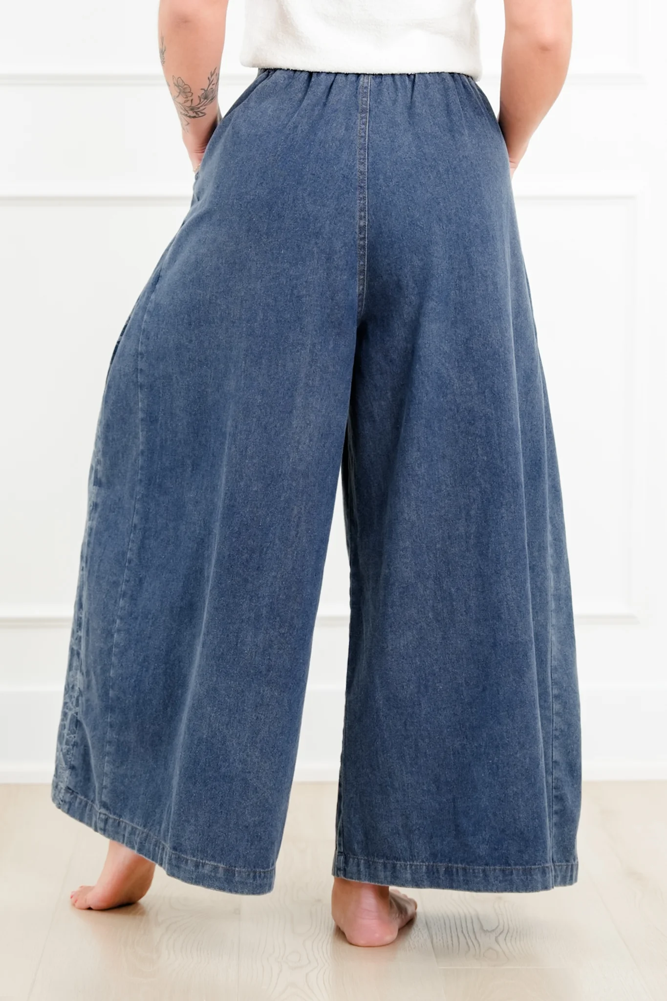 Denim Floral Print Elastic Waist Wide Leg Pants - Image 6