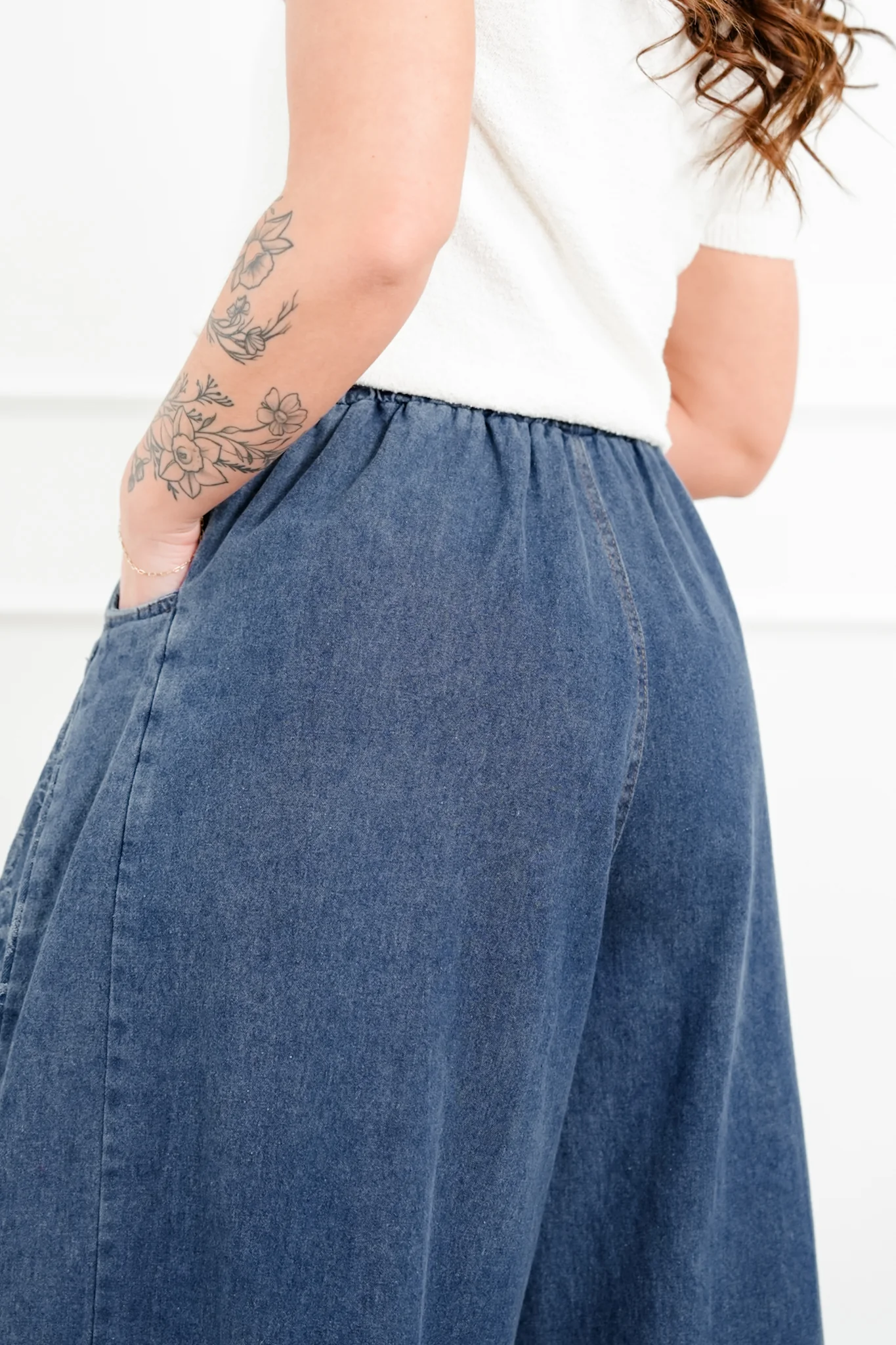 Denim Floral Print Elastic Waist Wide Leg Pants - Image 7