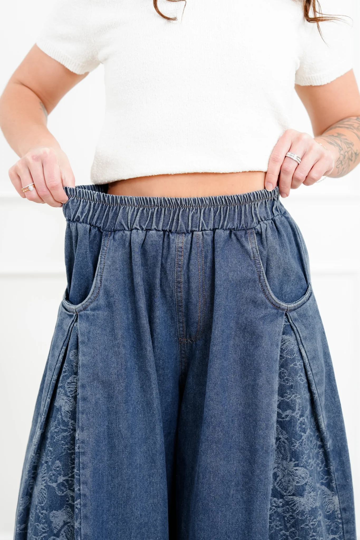 Denim Floral Print Elastic Waist Wide Leg Pants - Image 8