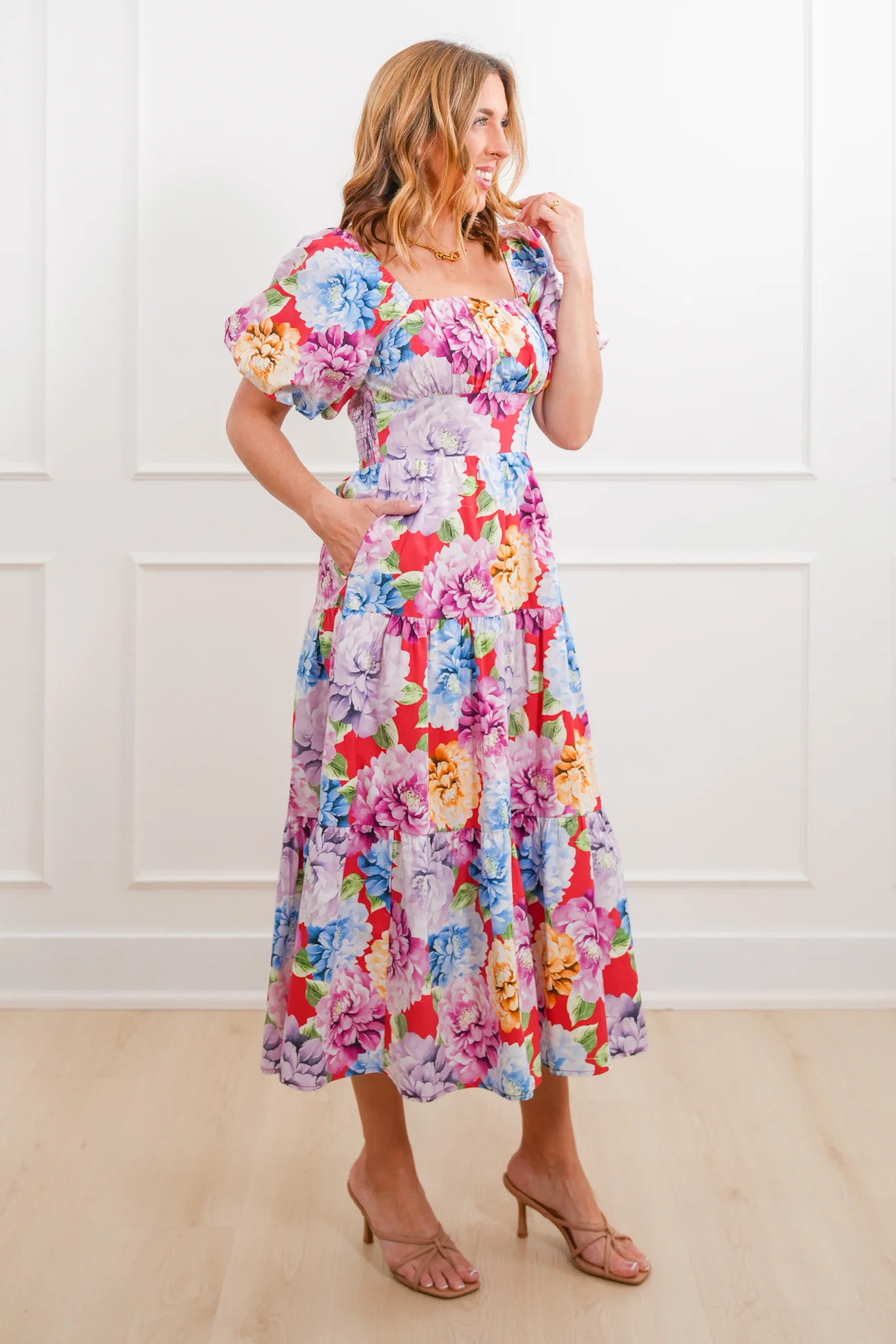 Floral Short Puff Sleeve Tiered Maxi Dress - Image 3