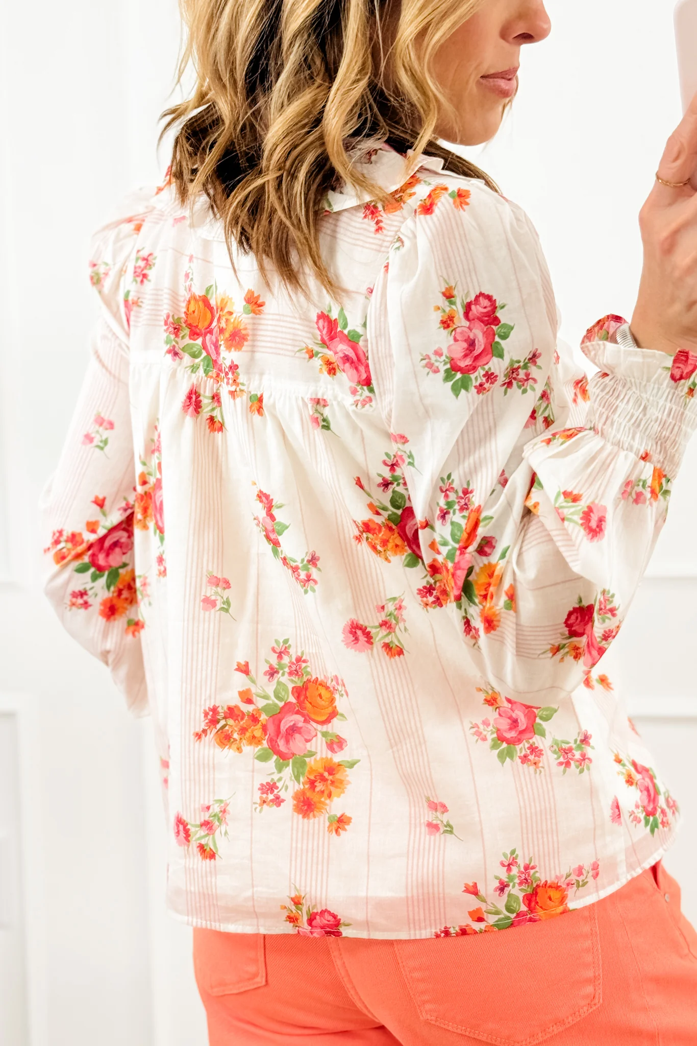 Floral & Stripe Print Long Sleeve Button Up Blouse - Image 2
