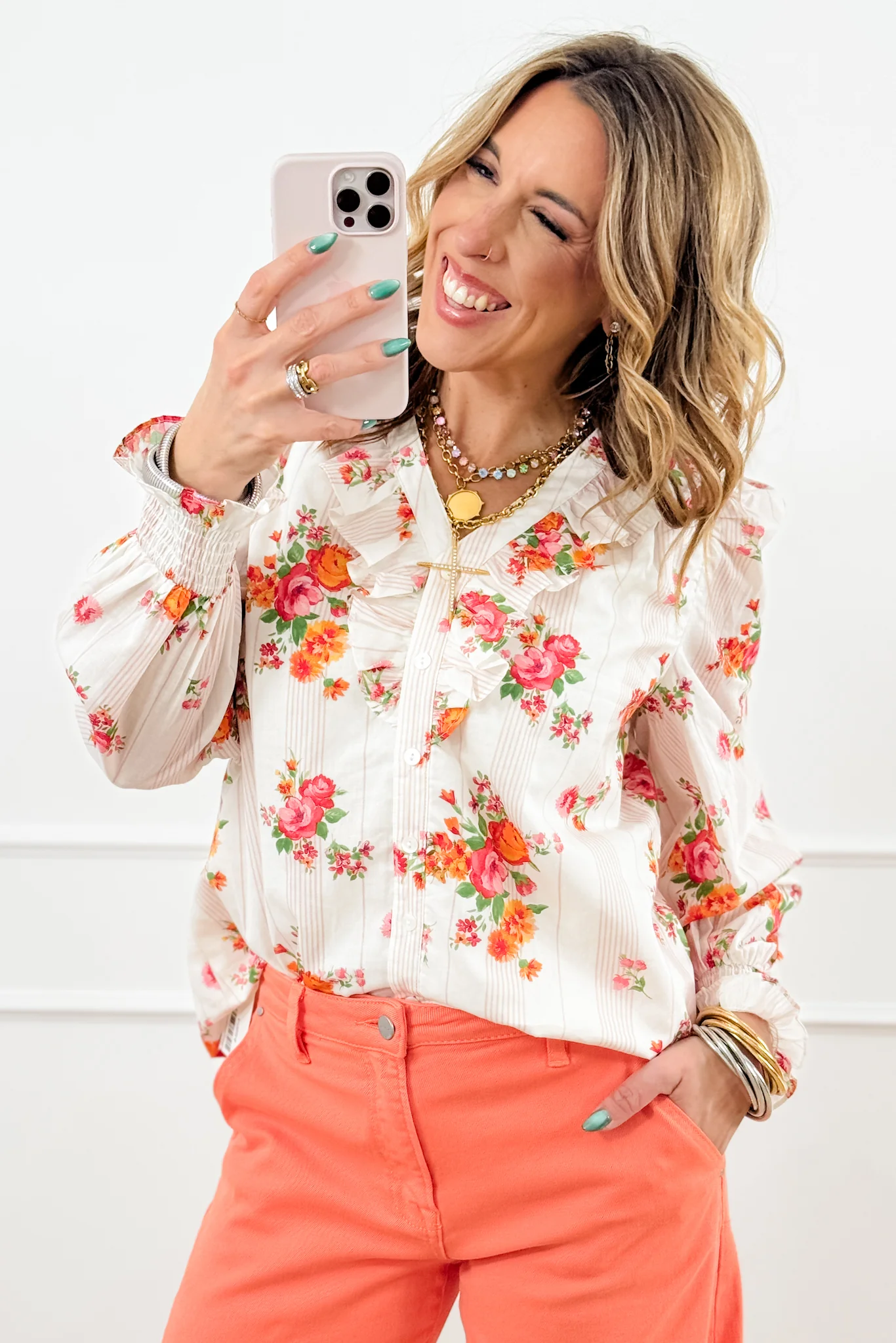 Floral & Stripe Print Long Sleeve Button Up Blouse - Image 3