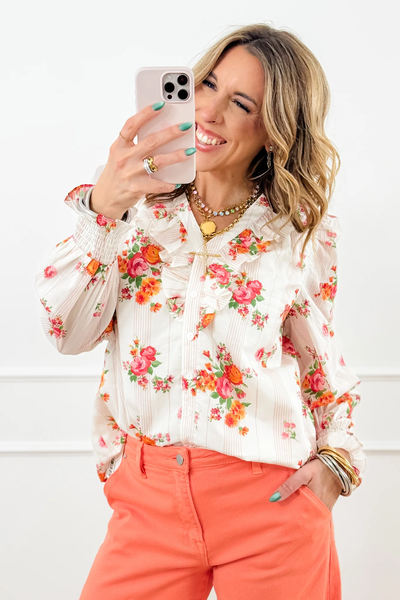 Floral & Stripe Print Long Sleeve Button Up Blouse - Image 4