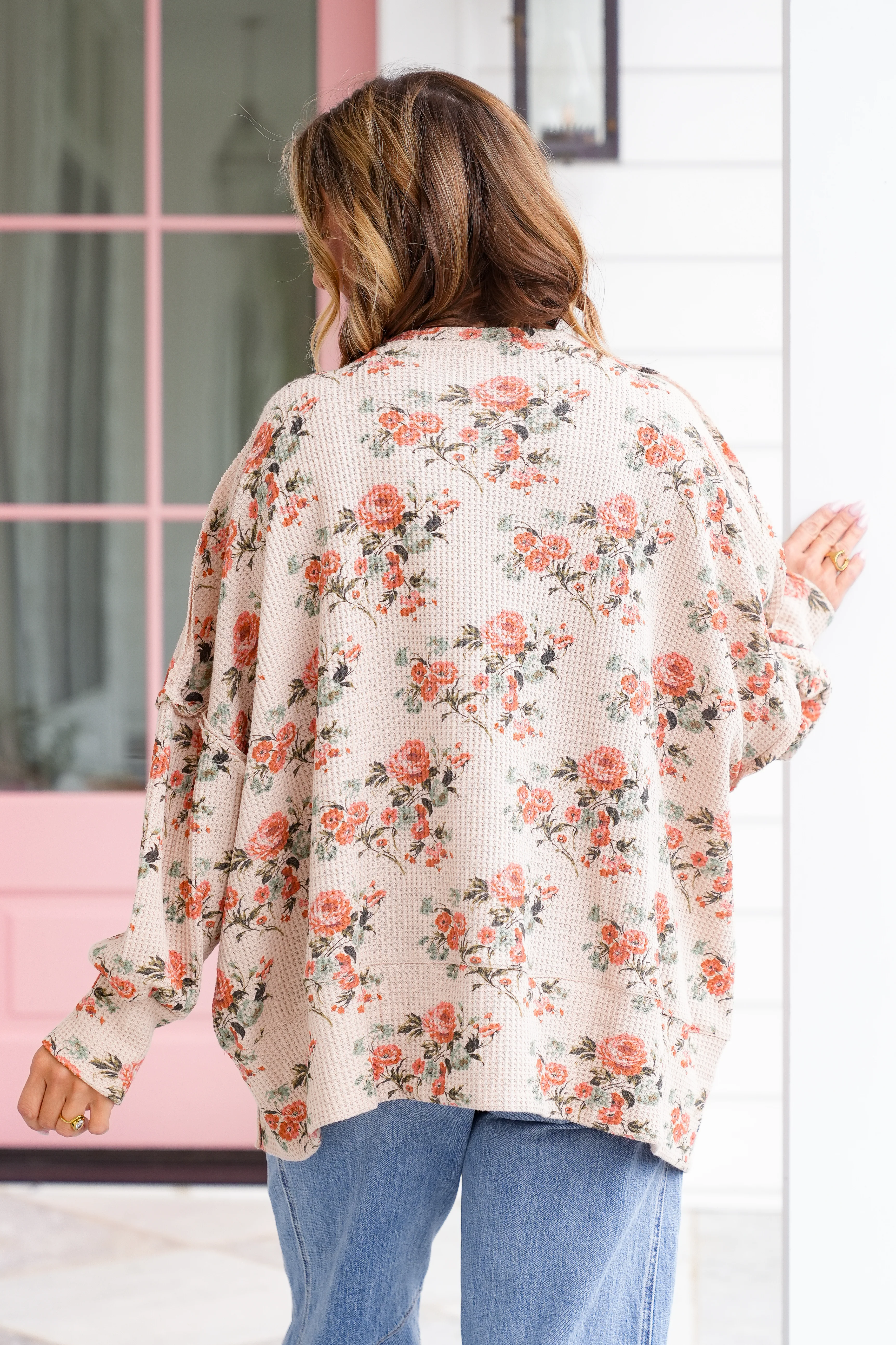 Floral Waffle Knit Long Sleeve Pullover Top - Image 4