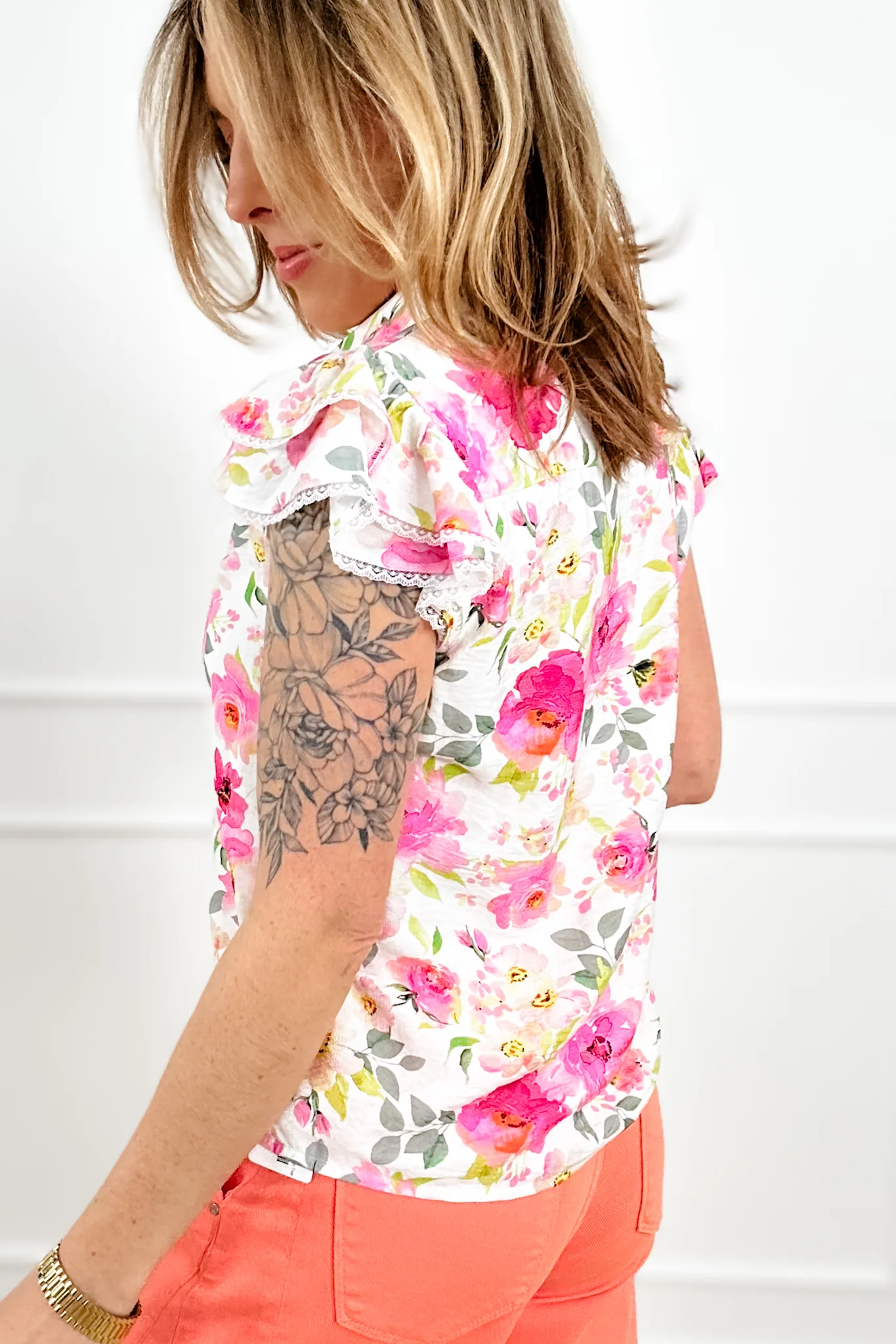 Flower Print Short Sleeve Button Down Top - Image 4