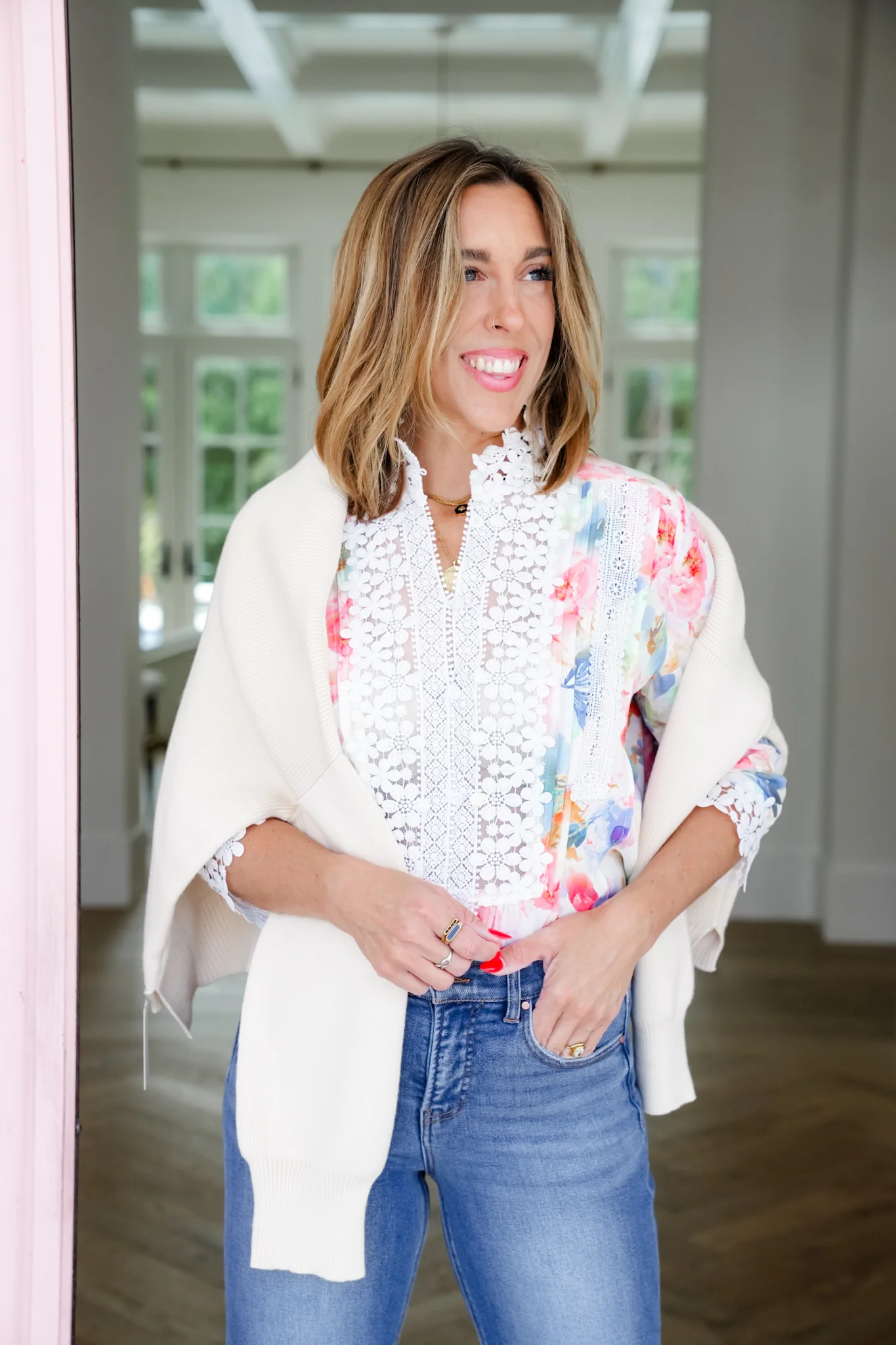 Plus/Reg FP X POL Cream Floral Button Down Top with Lace - Image 4