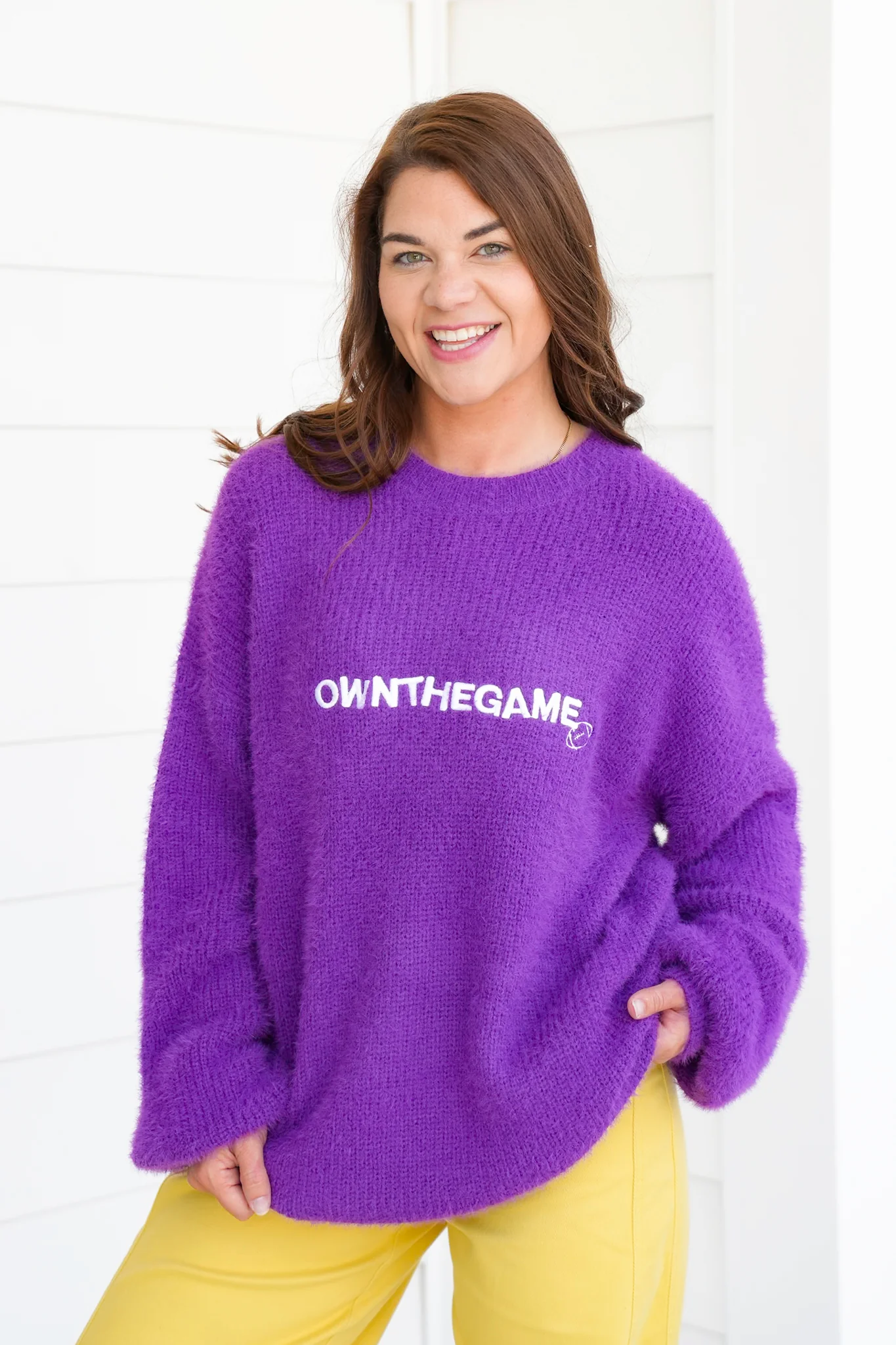Fuzzy Long Sleeve "Own The Game" Pullover Sweater - Image 10
