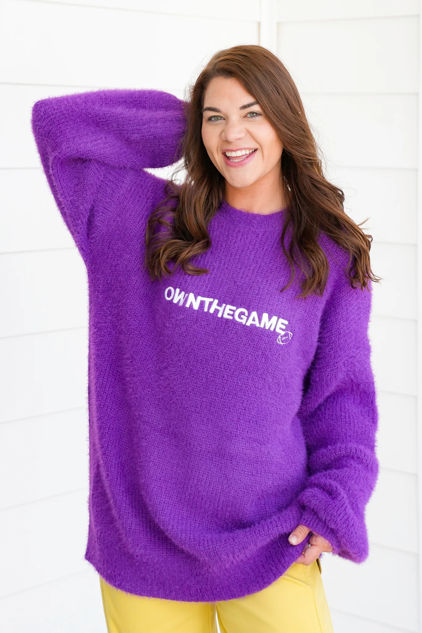 Fuzzy Long Sleeve "Own The Game" Pullover Sweater - Image 3