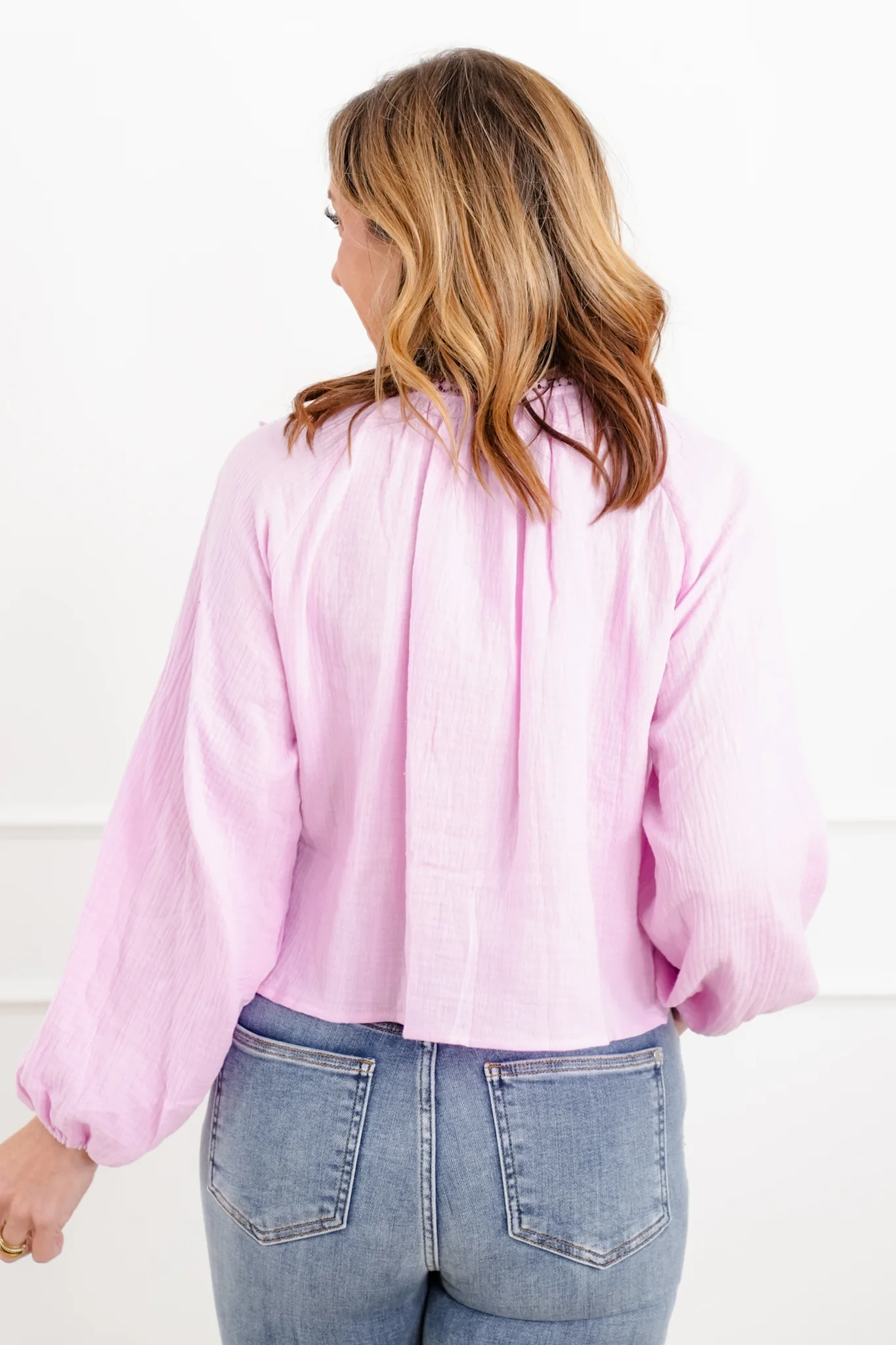 Gauze Long Sleeve Button Down Top with Lace Trim - Image 5