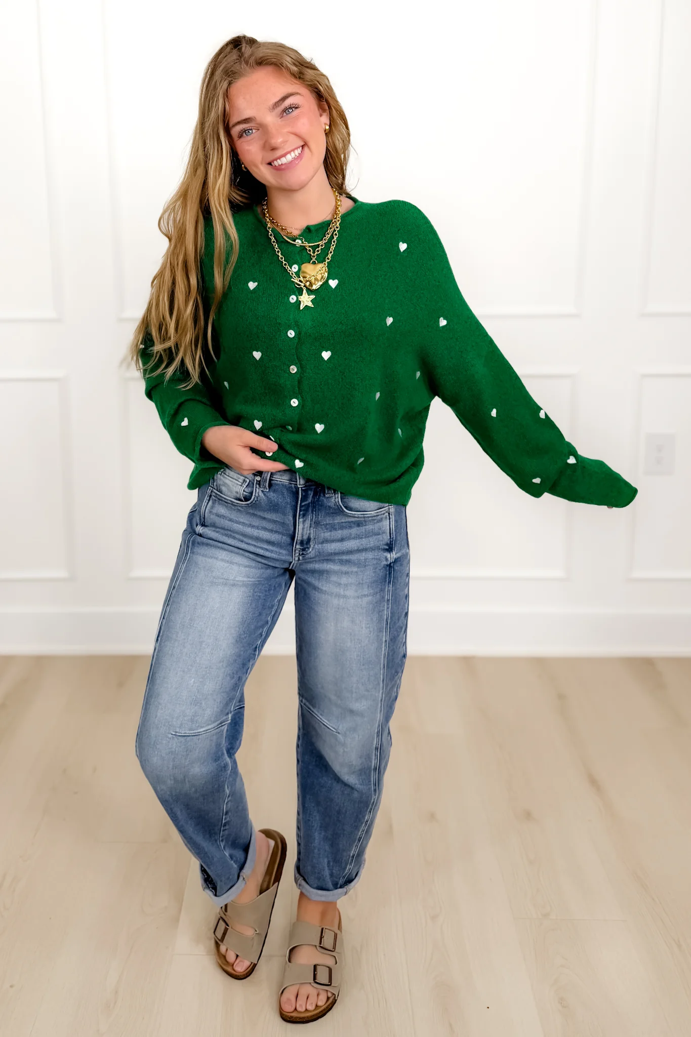 Green Embroidered Hearts Long Sleeve Button Down Cardigan - Image 4
