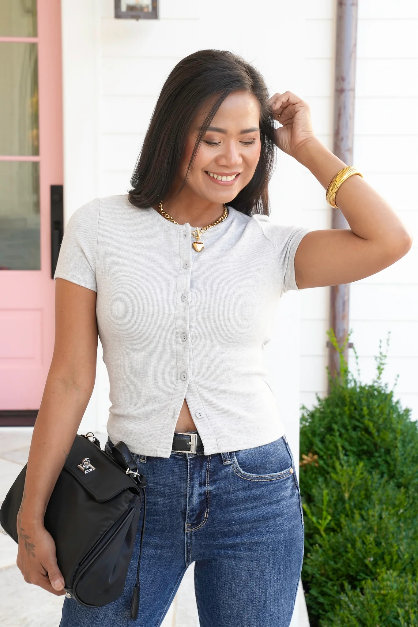 Grey Ribbed Short Sleeve Button Down Top - Image 2