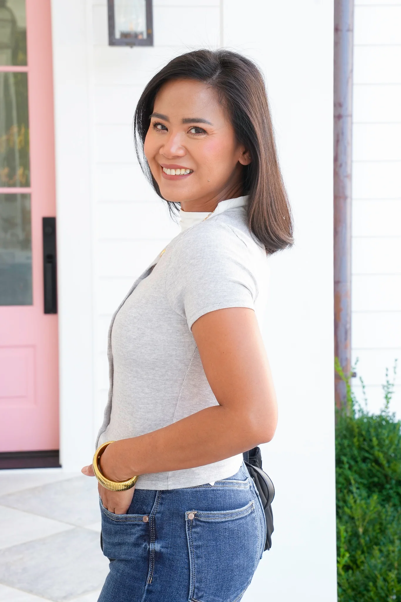 Grey Ribbed Short Sleeve Button Down Top - Image 3