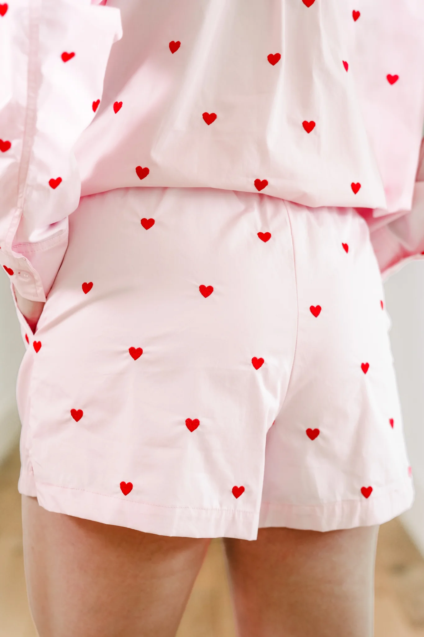 Heart Embroidered Elastic Waist Shorts with Pockets - Image 5