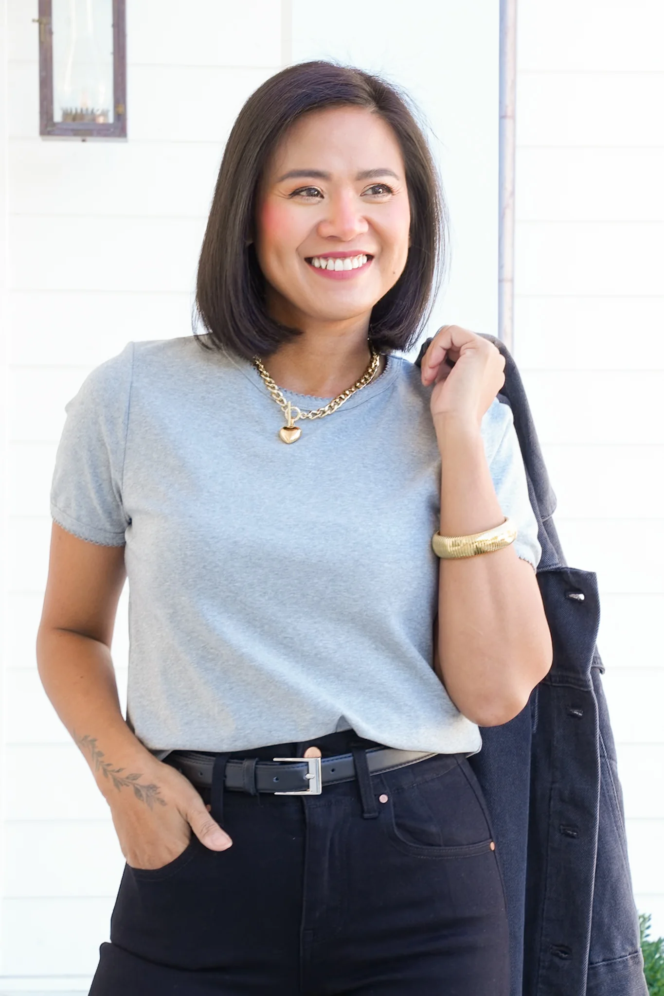 Heather Grey Short Sleeve Top with Scallop Edge - Image 3