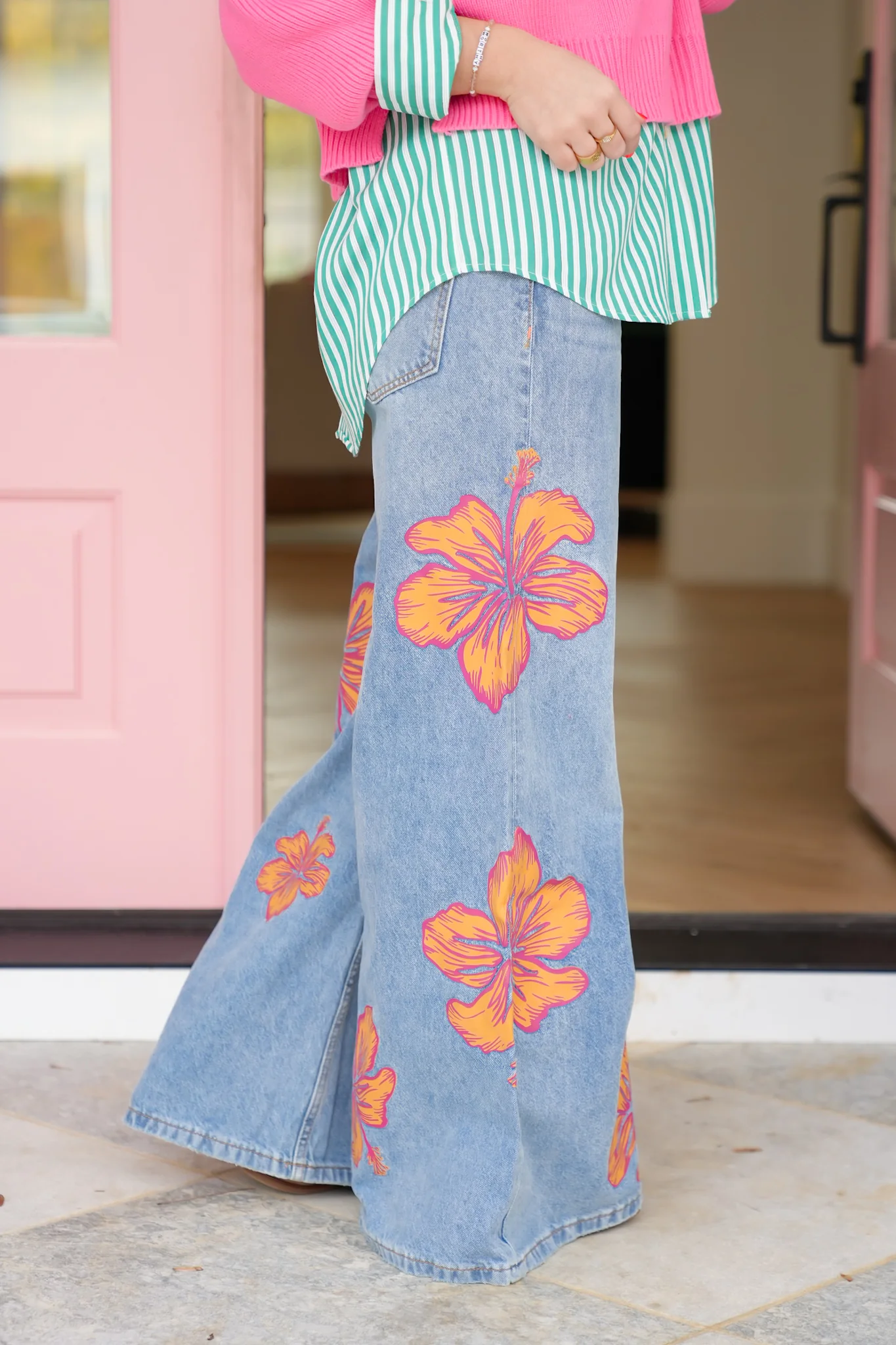 Multi-Inseam Hibiscus Print High Waist Wide Leg Denim Jeans - Image 4