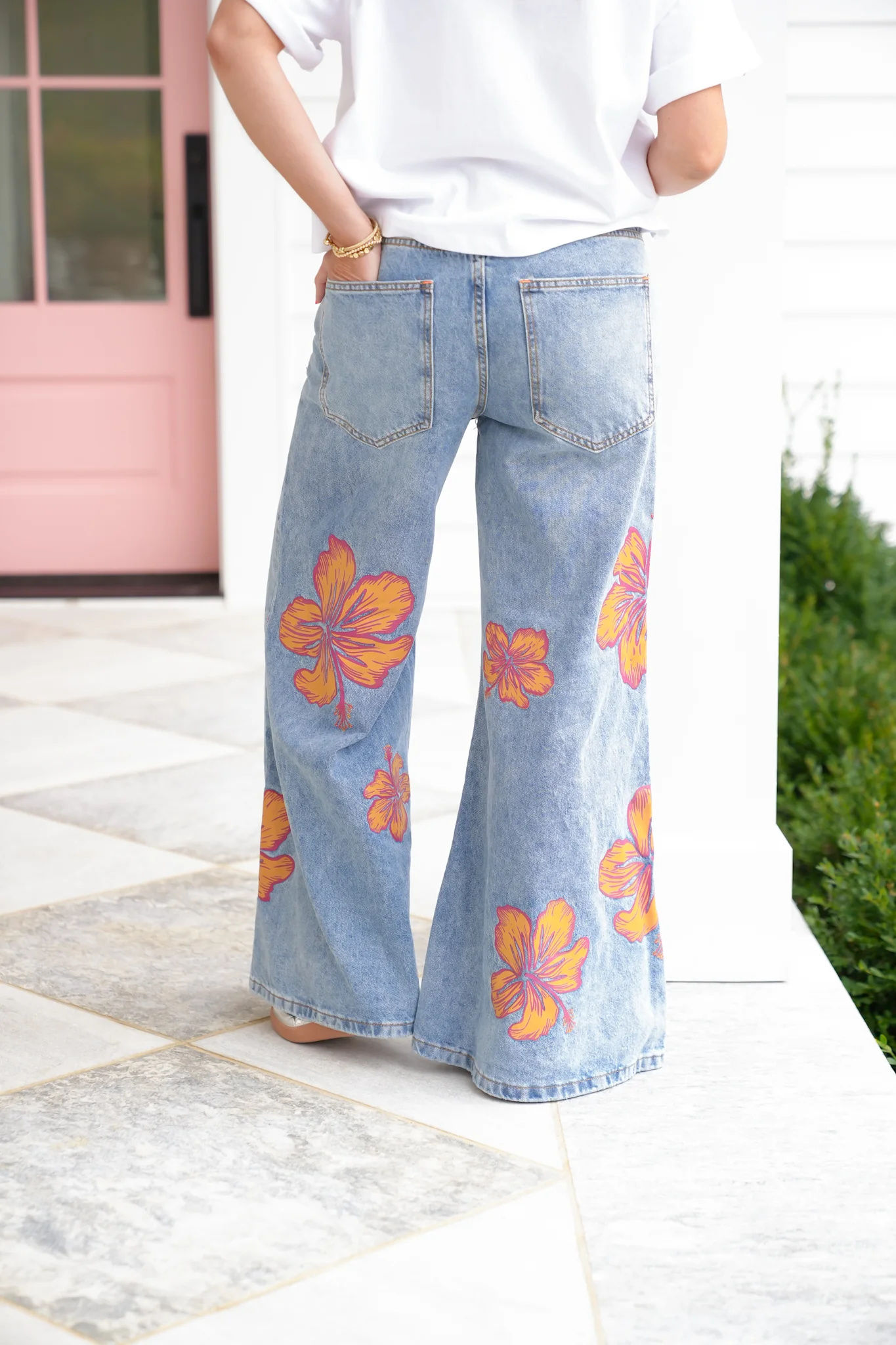 Multi-Inseam Hibiscus Print High Waist Wide Leg Denim Jeans - Image 7