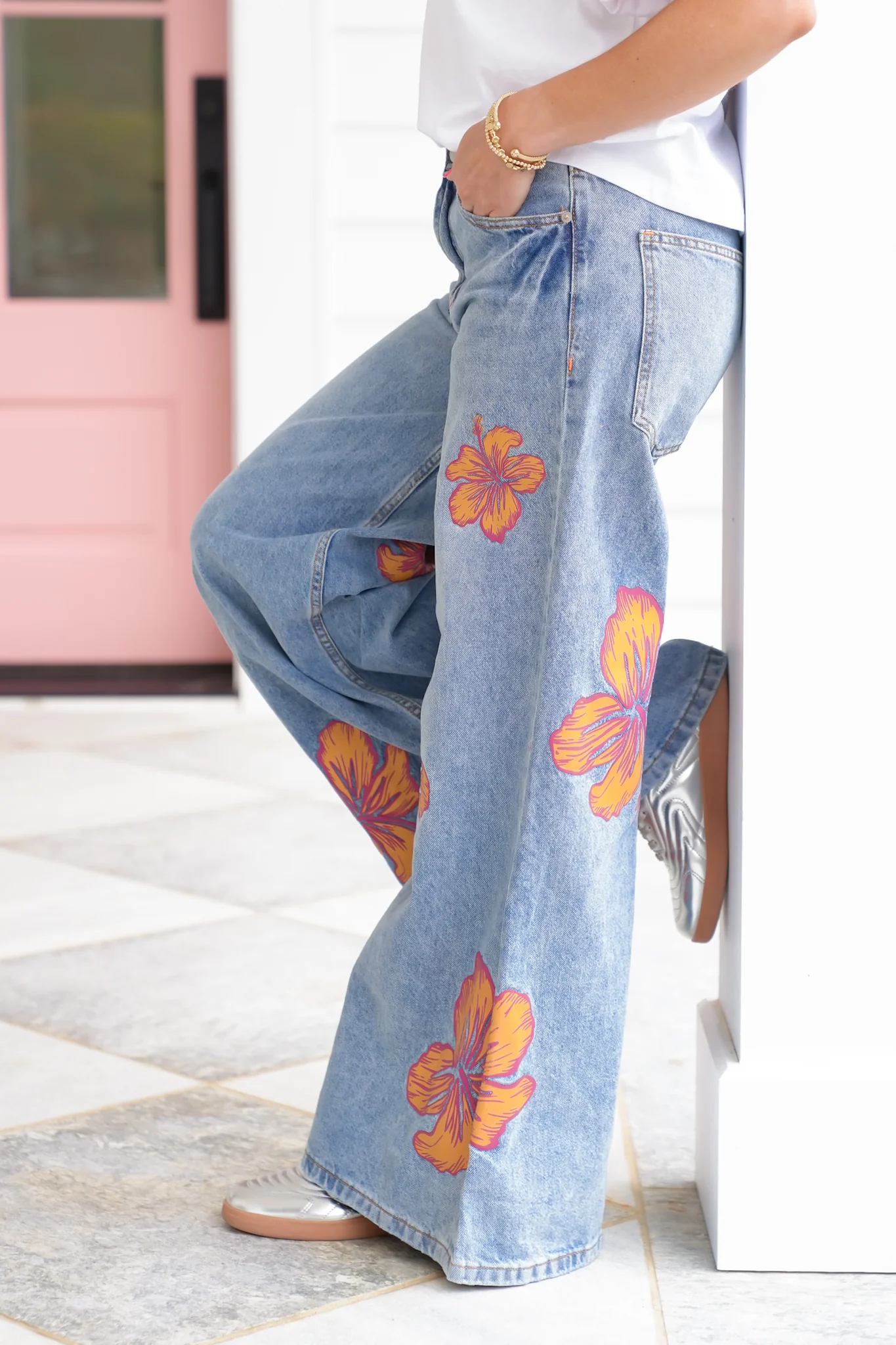 Multi-Inseam Hibiscus Print High Waist Wide Leg Denim Jeans - Image 9