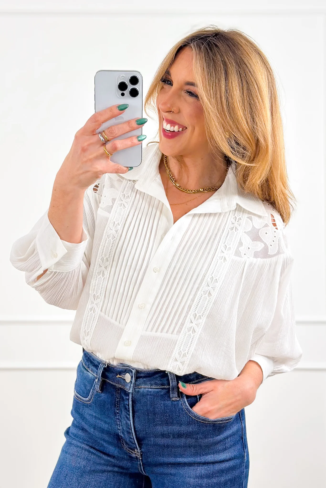 Ivory Dolman Sleeve Button Down Top with Lace Accent - Image 3