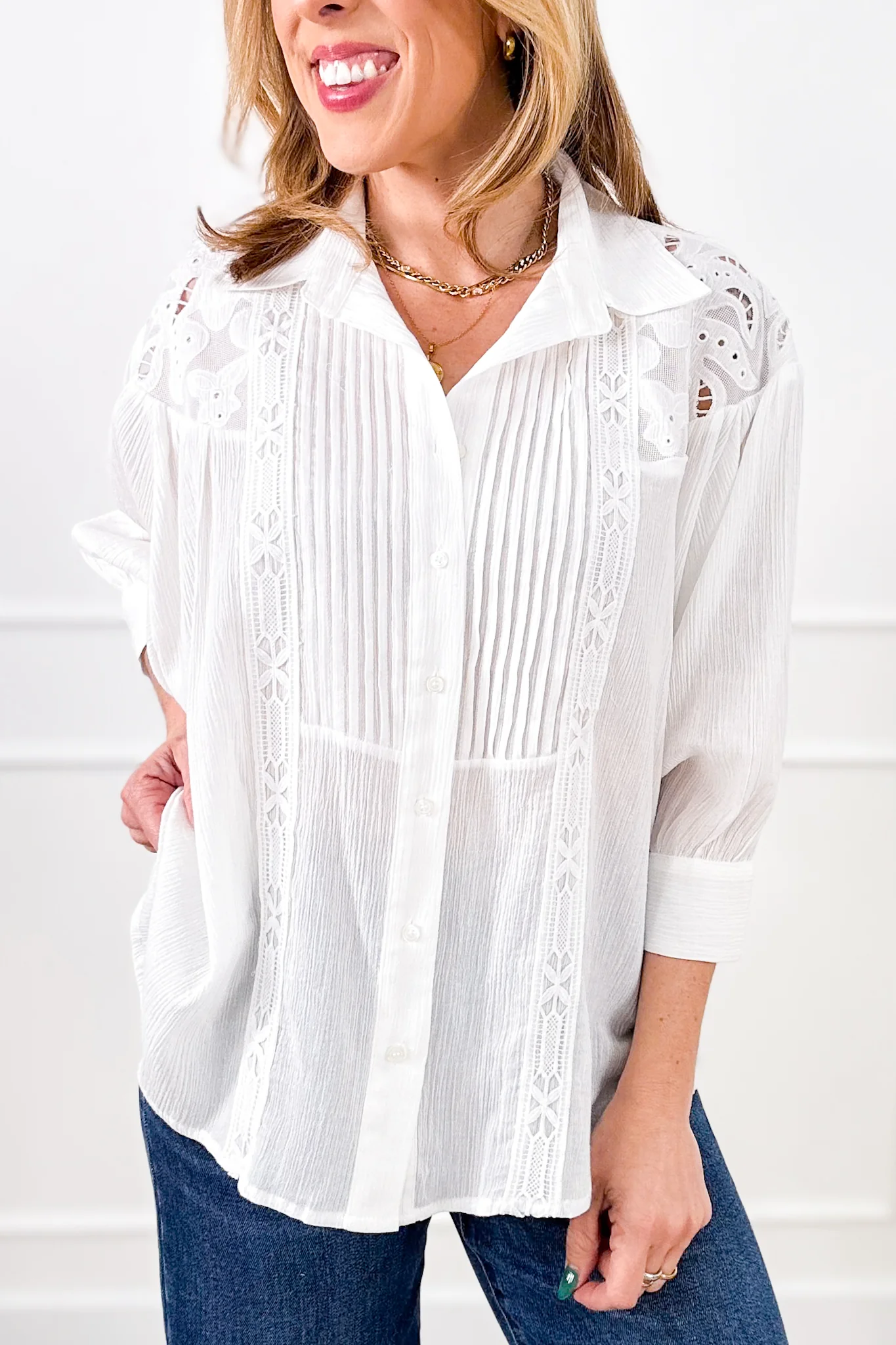 Ivory Dolman Sleeve Button Down Top with Lace Accent - Image 4