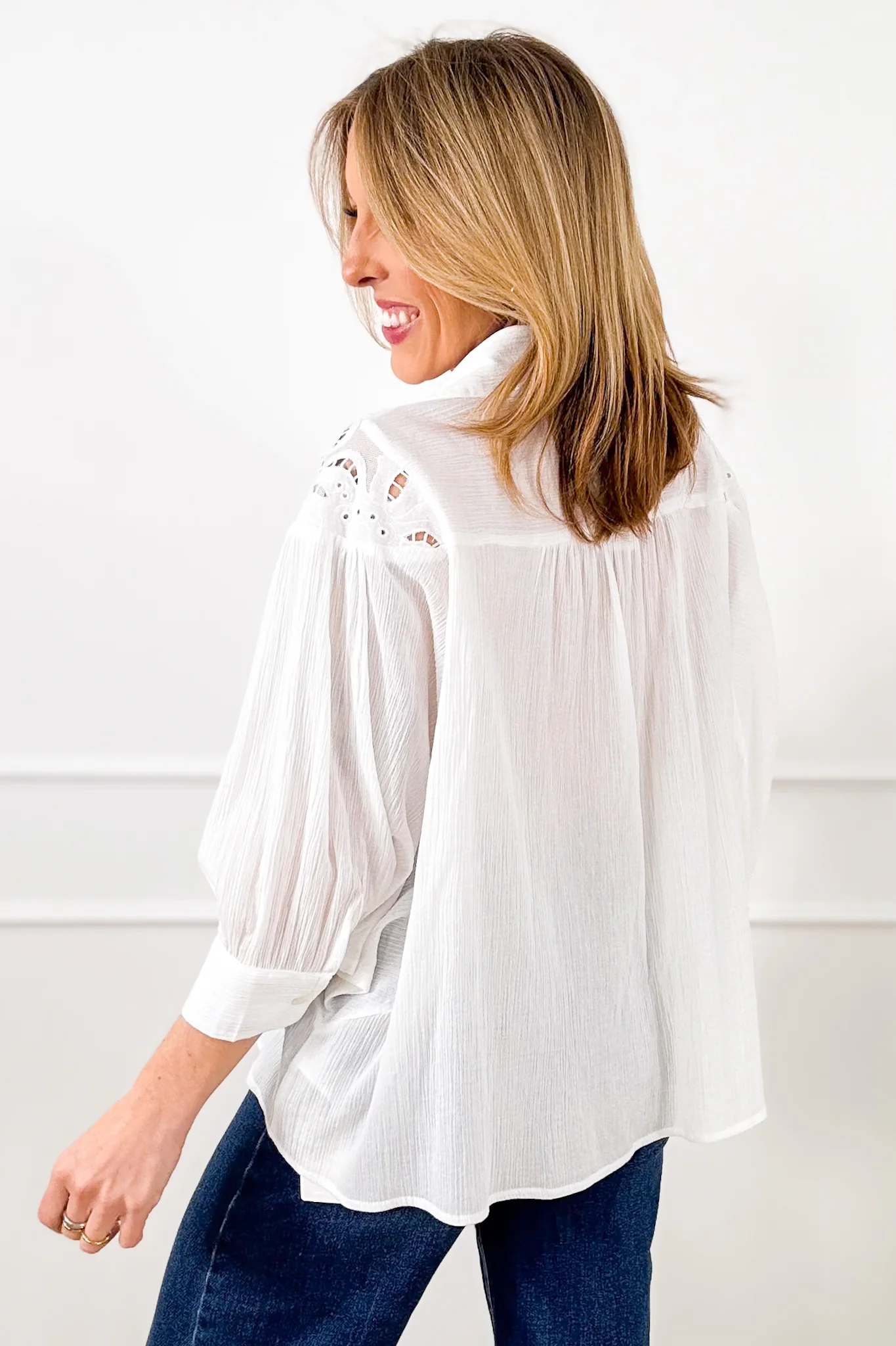 Ivory Dolman Sleeve Button Down Top with Lace Accent - Image 7