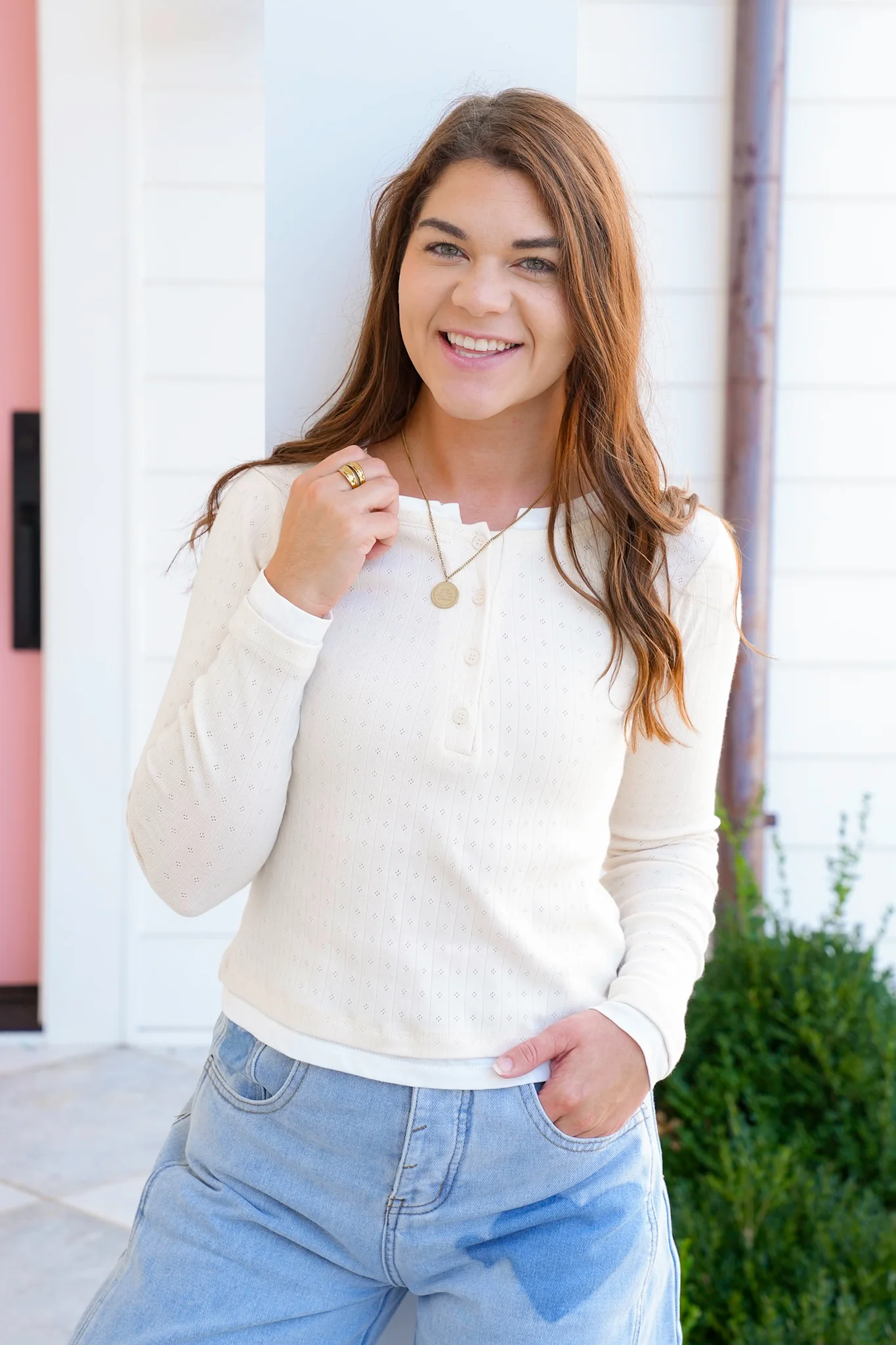 Ivory Ribbed Knit Long Sleeve Button Up Layered Top - Image 6
