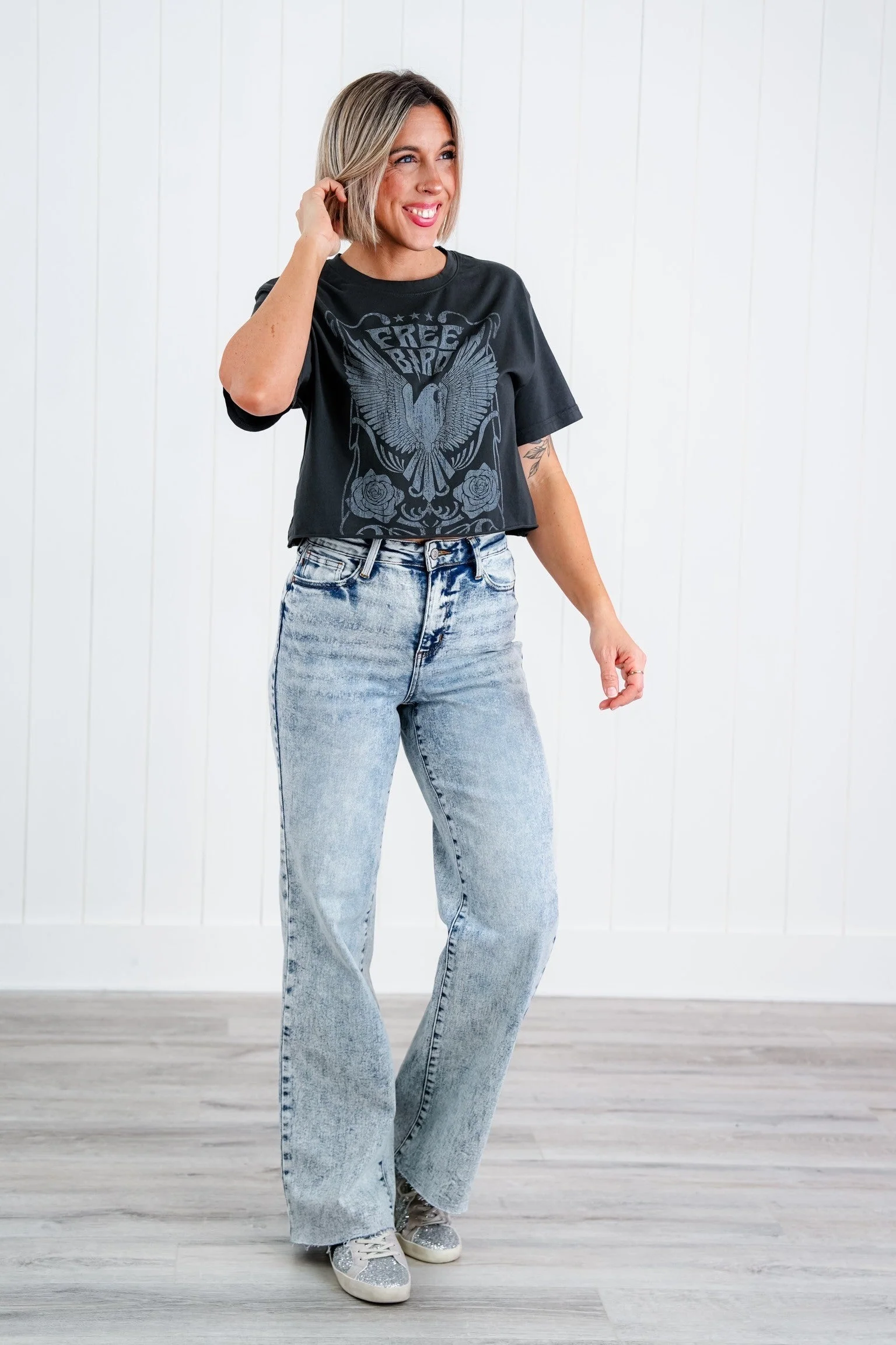 Judy Blue  Bad Blood High Rise Light Mineral Wash Raw Hem Wide Leg Jeans - Image 17