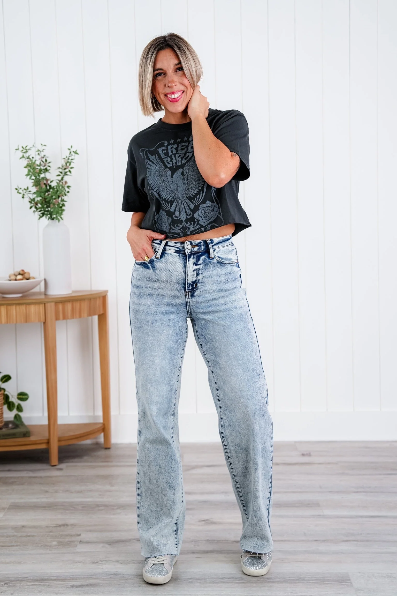 Judy Blue  Bad Blood High Rise Light Mineral Wash Raw Hem Wide Leg Jeans - Image 24