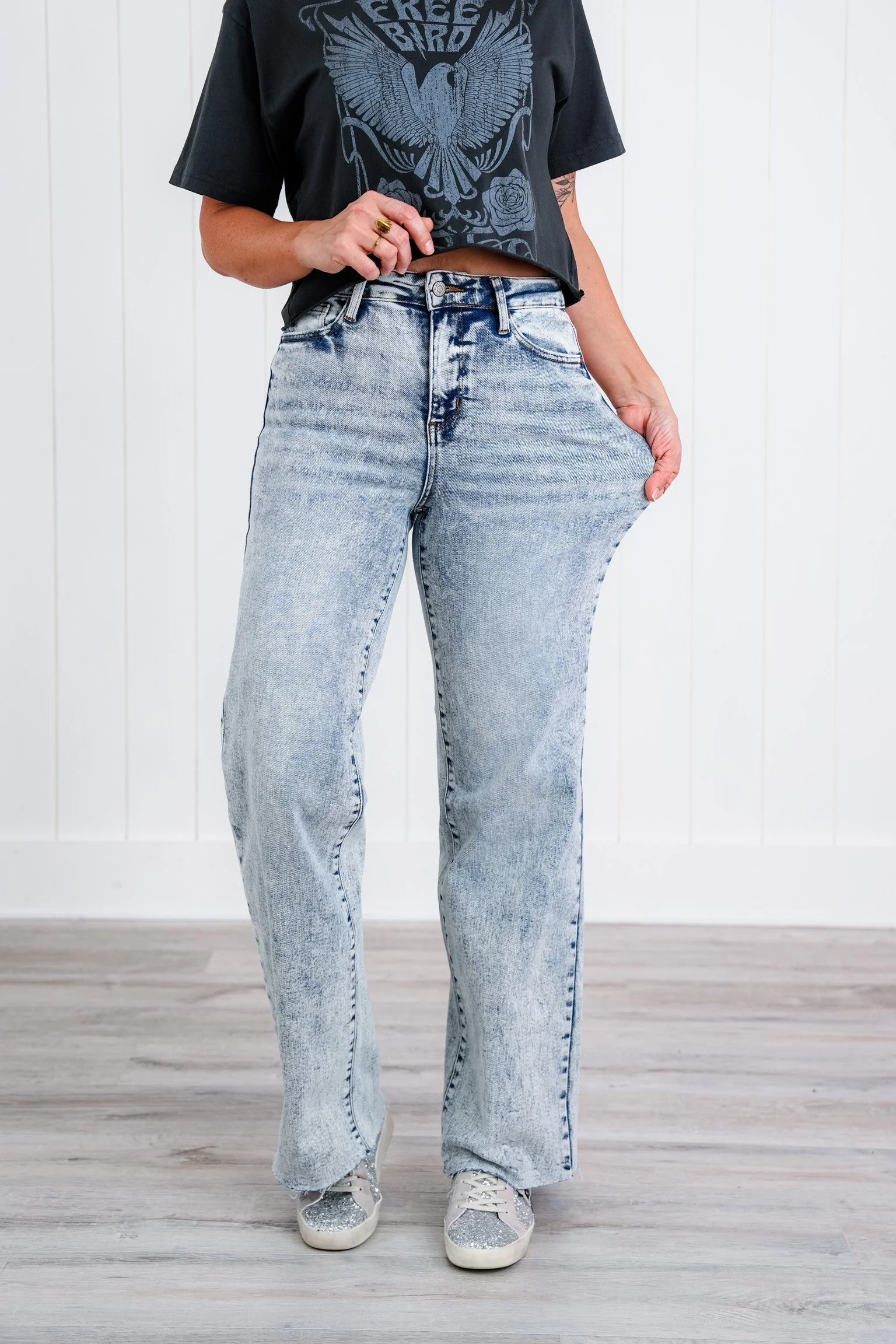 Judy Blue  Bad Blood High Rise Light Mineral Wash Raw Hem Wide Leg Jeans - Image 3